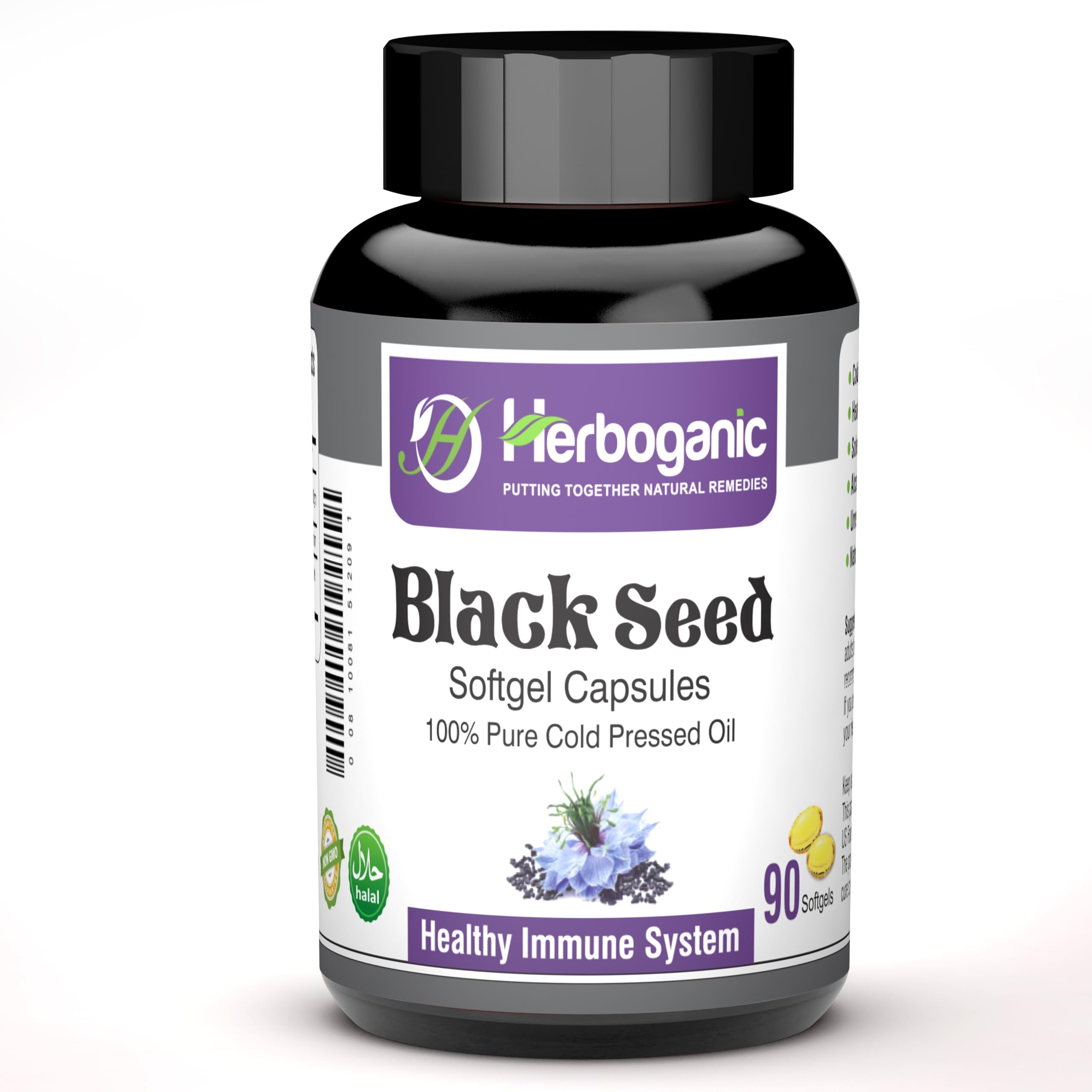 HERBOGANIC Black Seed Oil Capsules 500mg front view