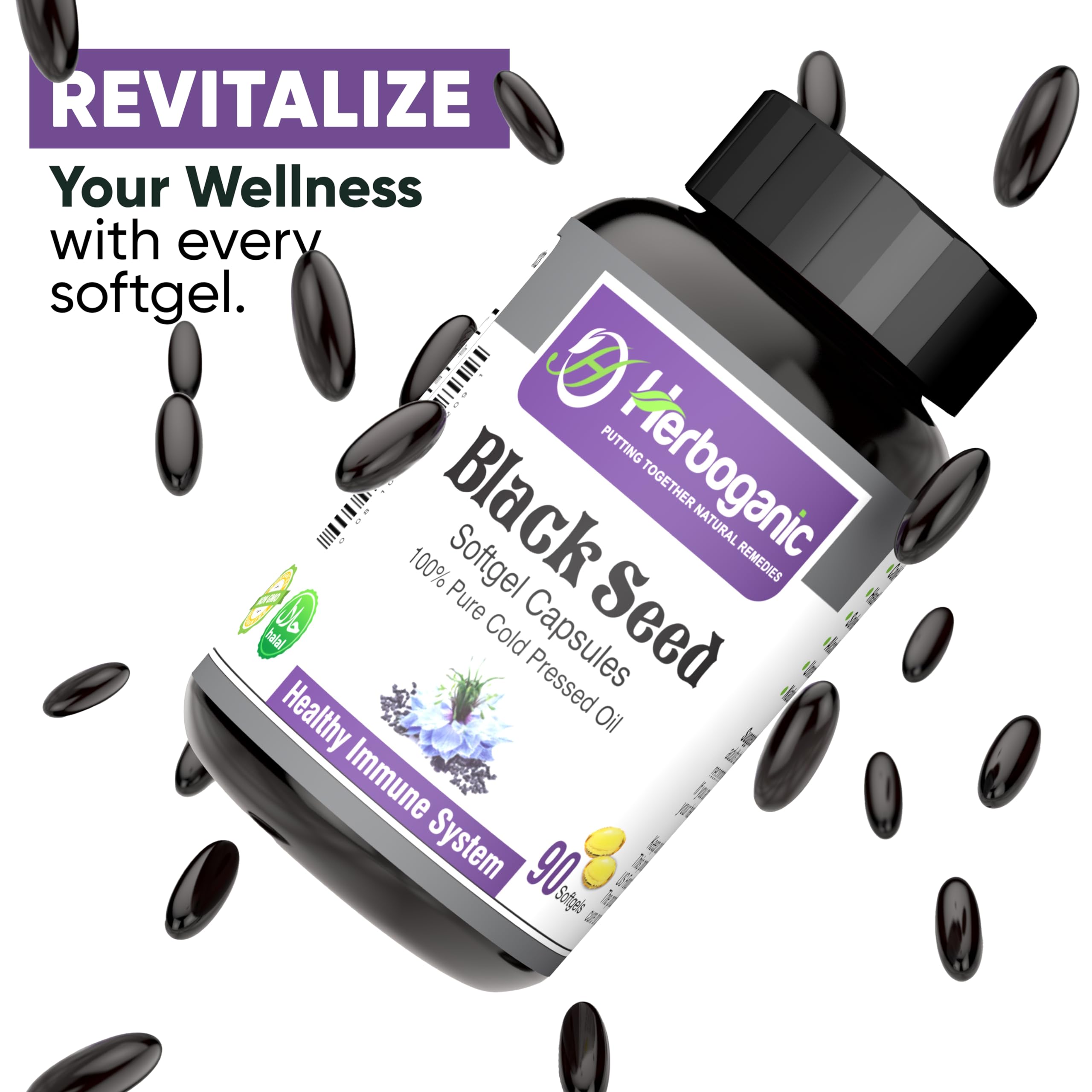 HERBOGANIC Black Seed Oil Capsules 500mg on a wooden table