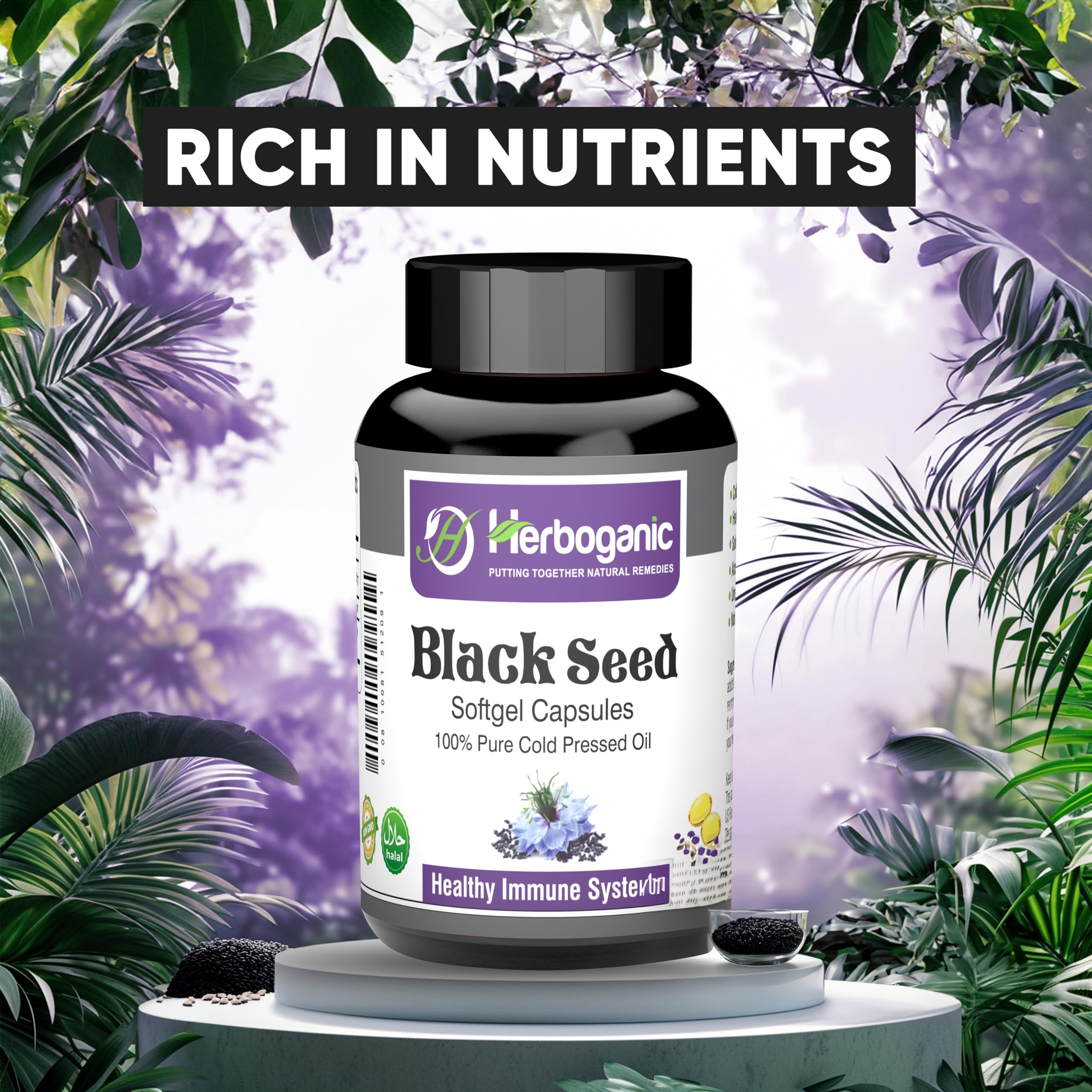 HERBOGANIC Black Seed Oil Capsules 500mg with fresh black seeds