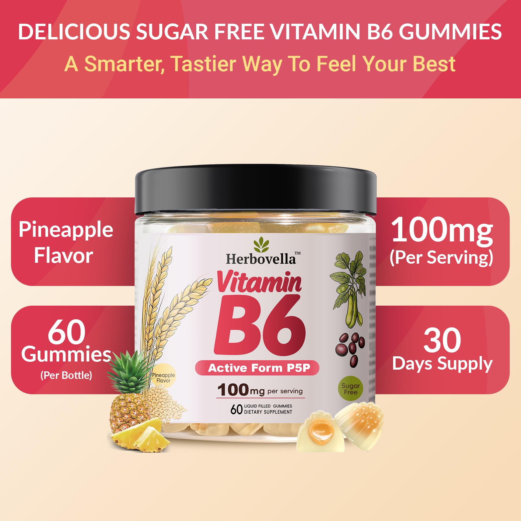 Herbovella Vitamin B6 Gummies 100mg displayed on a wooden table