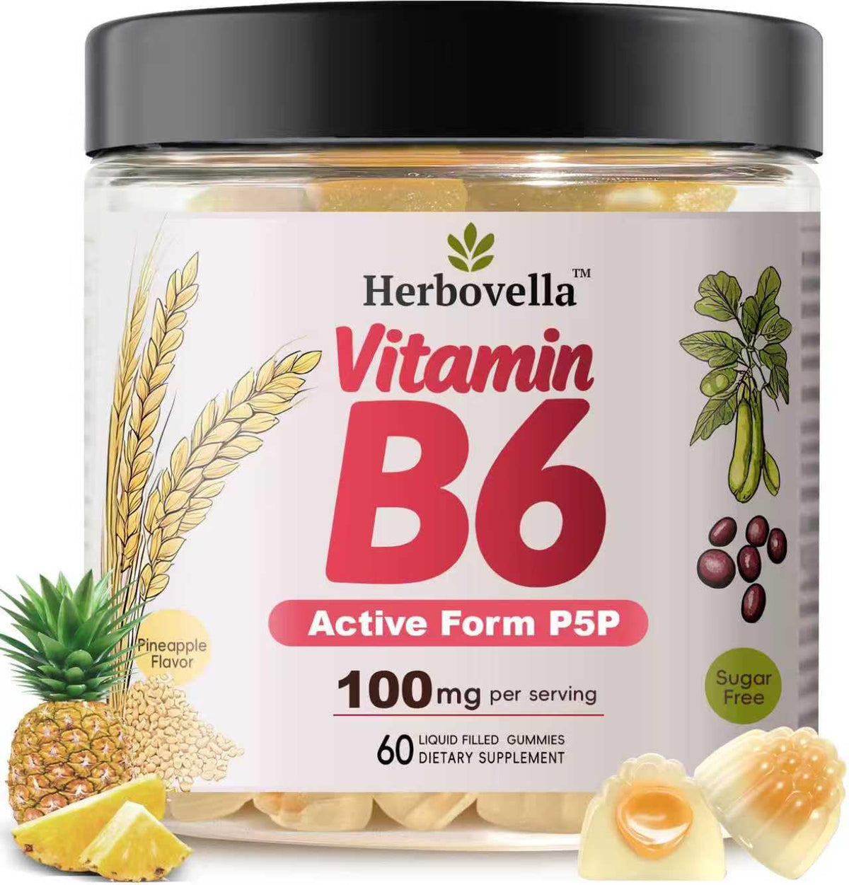 Herbovella Vitamin B6 Gummies 100mg front view with packaging