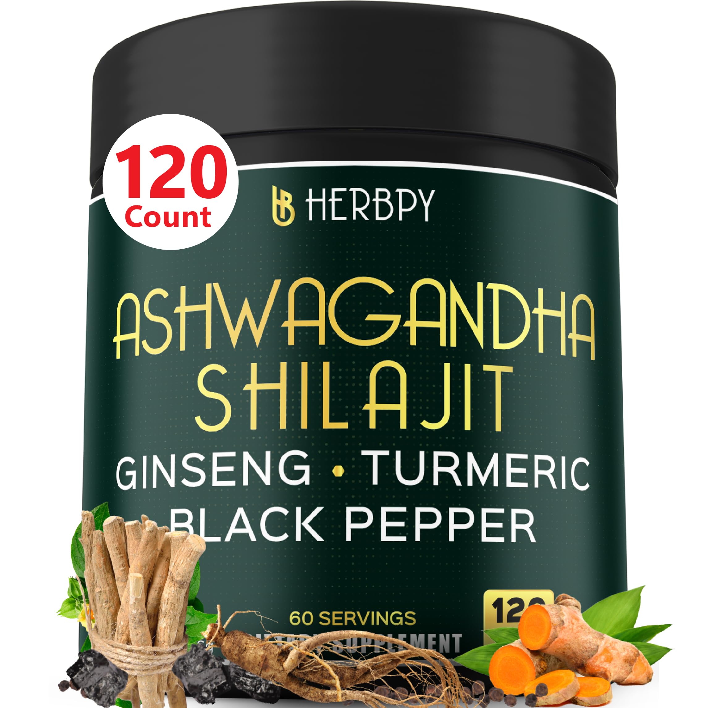 Herbpy Ashwagandha Supplement dark jar front view with 120 capsules