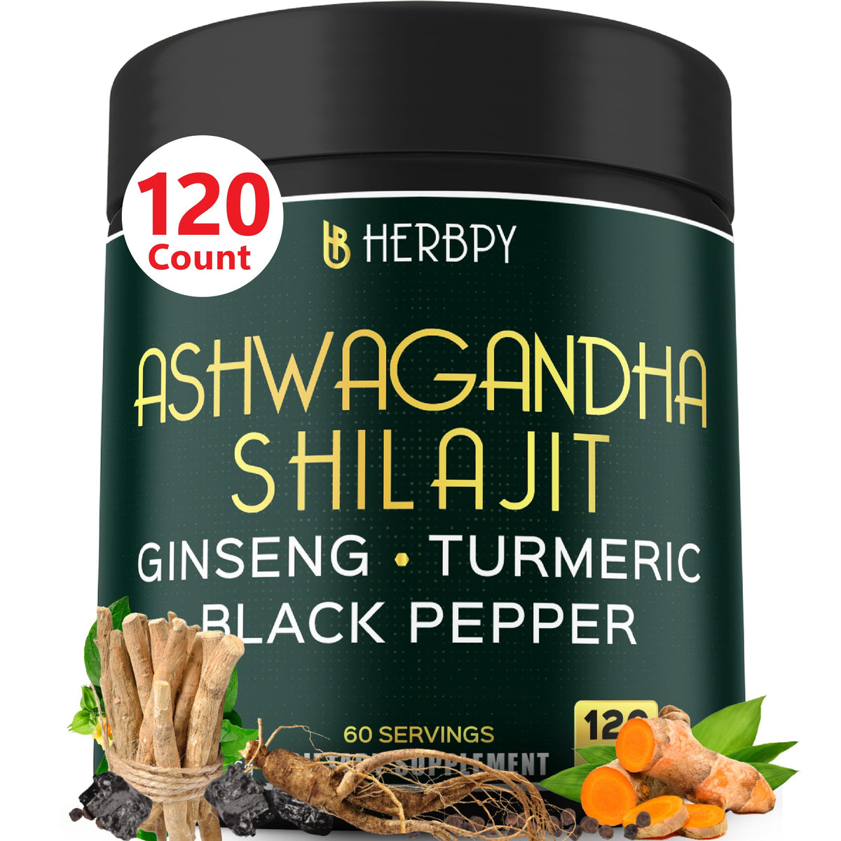 Herbpy Ashwagandha Supplement dark jar front view with 120 capsules