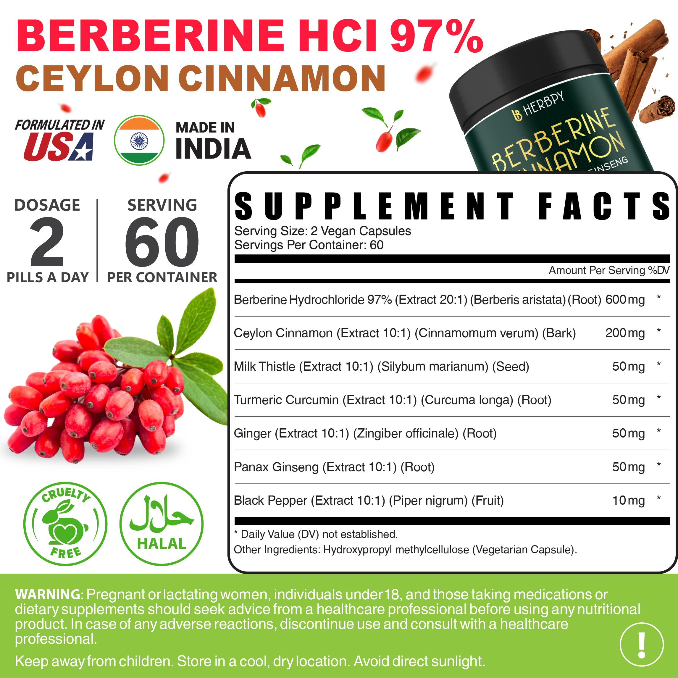 Herbpy Berberine Cinnamon Supplement with Ceylon cinnamon background
