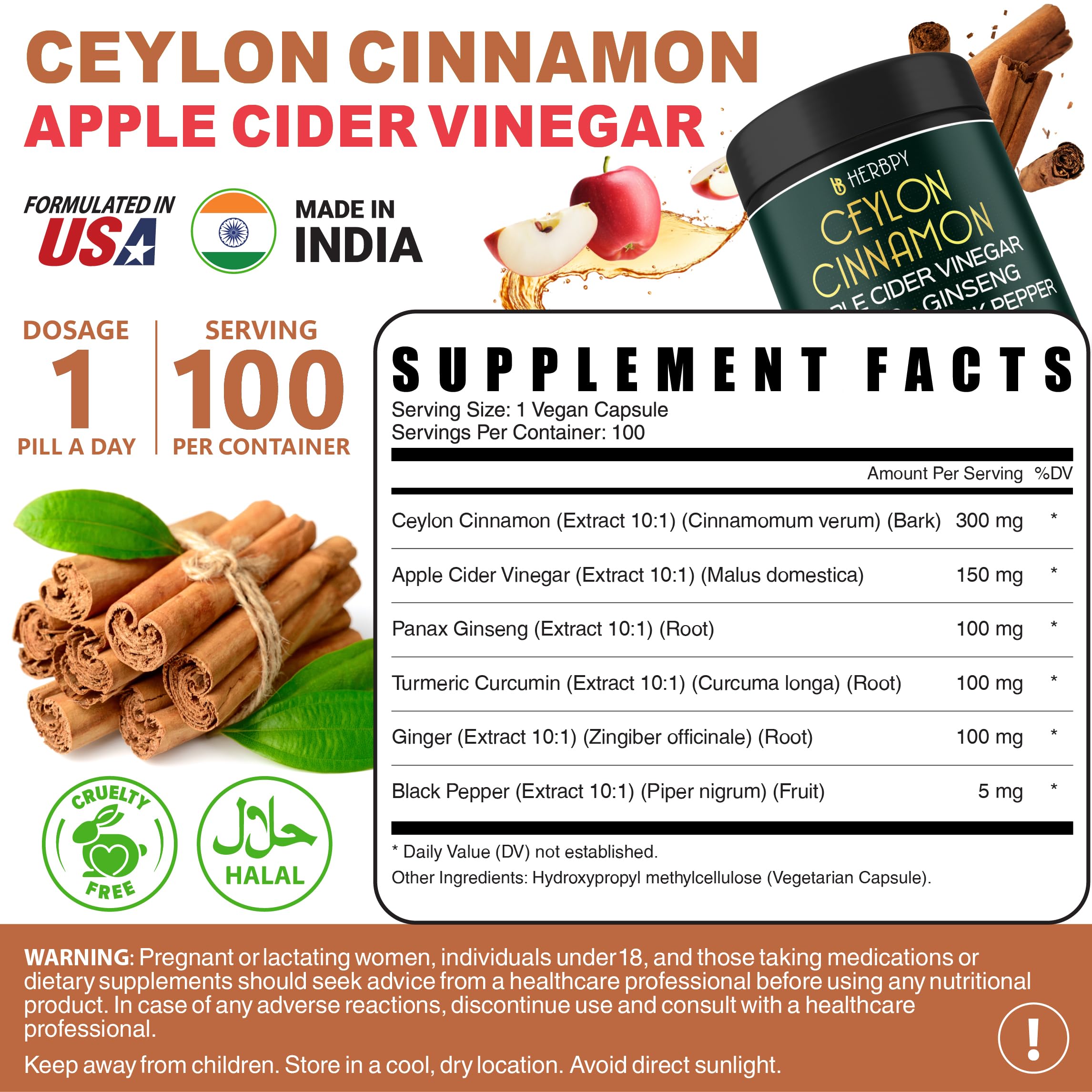 Herbpy Ceylon Cinnamon Capsules dark jar with a natural background