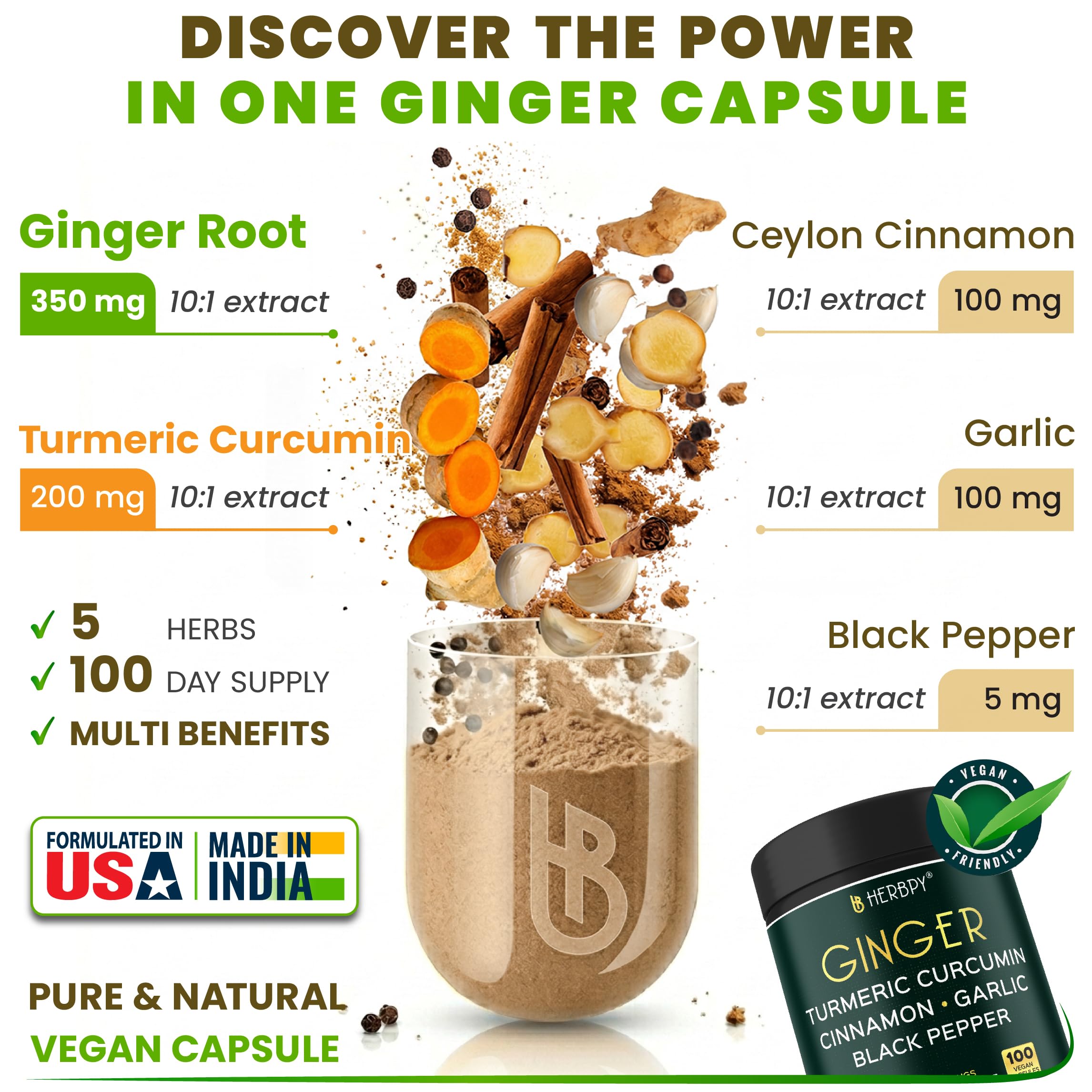Herbpy Ginger Root Extract 5-in-1 Vegan Capsules dark jar packaging