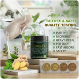 Herbpy Ginger Root Extract 5-in-1 Vegan Capsules on a wooden table
