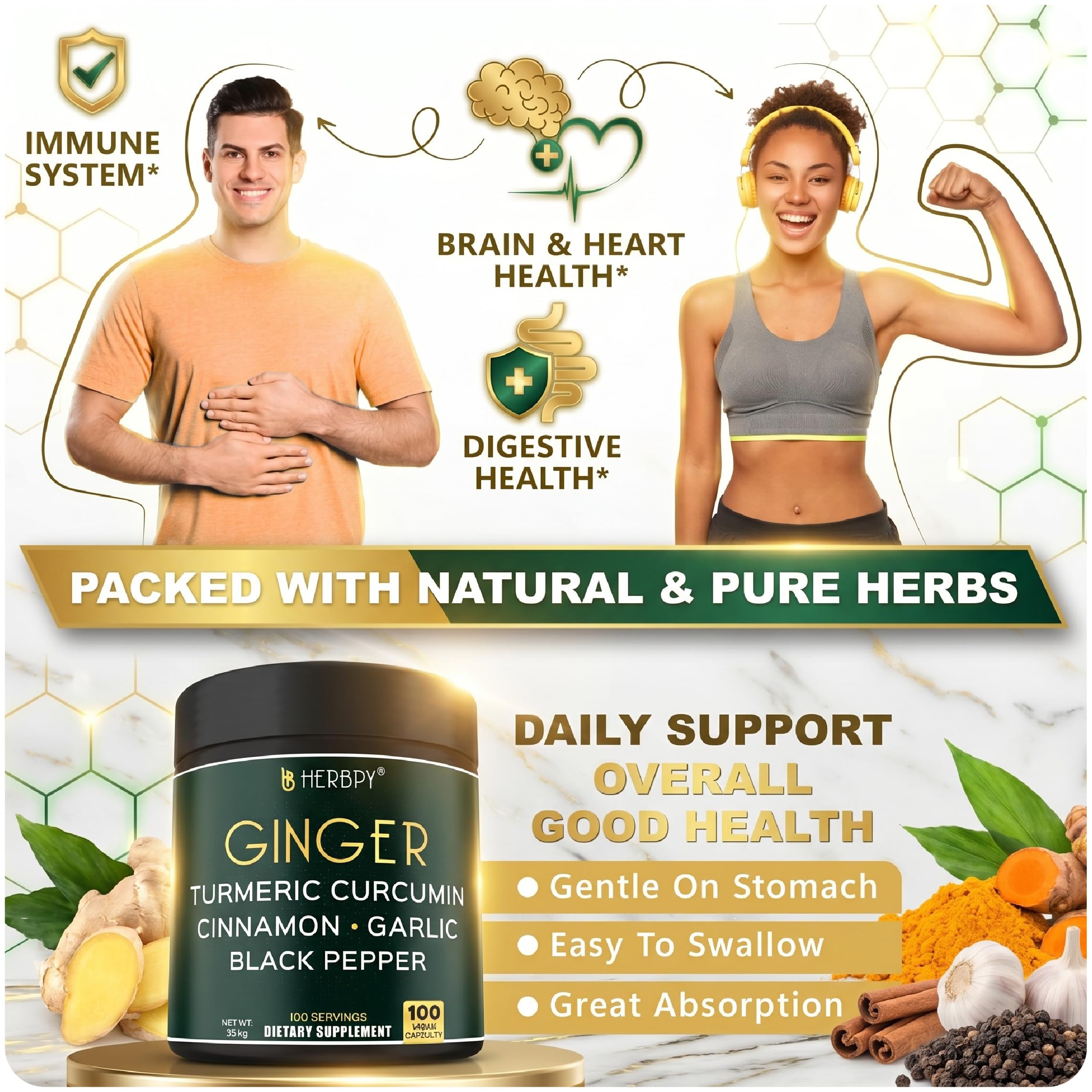 Herbpy Ginger Root Extract 5-in-1 Vegan Capsules side view
