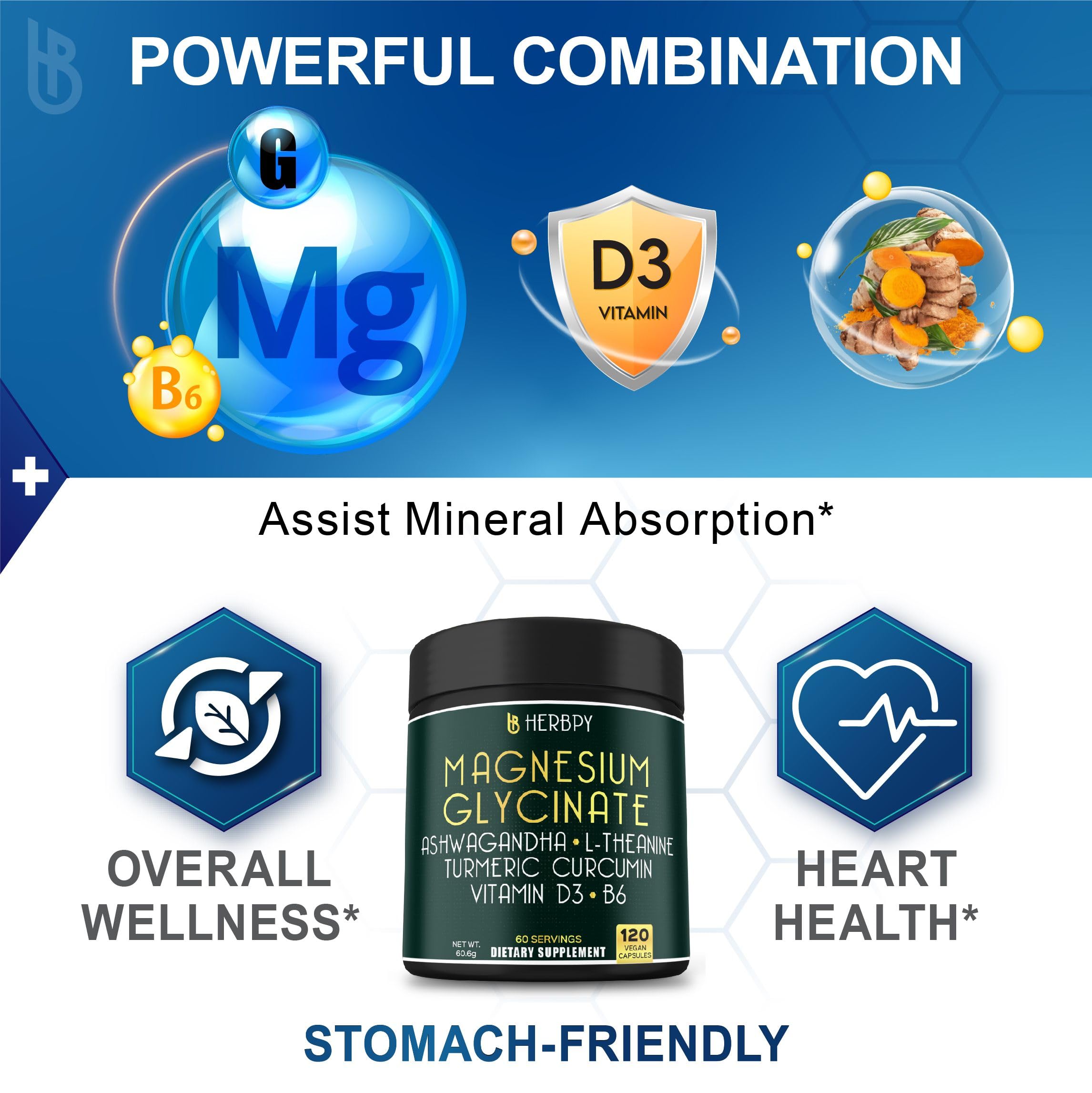 Herbpy Magnesium Glycinate capsules on a wooden table