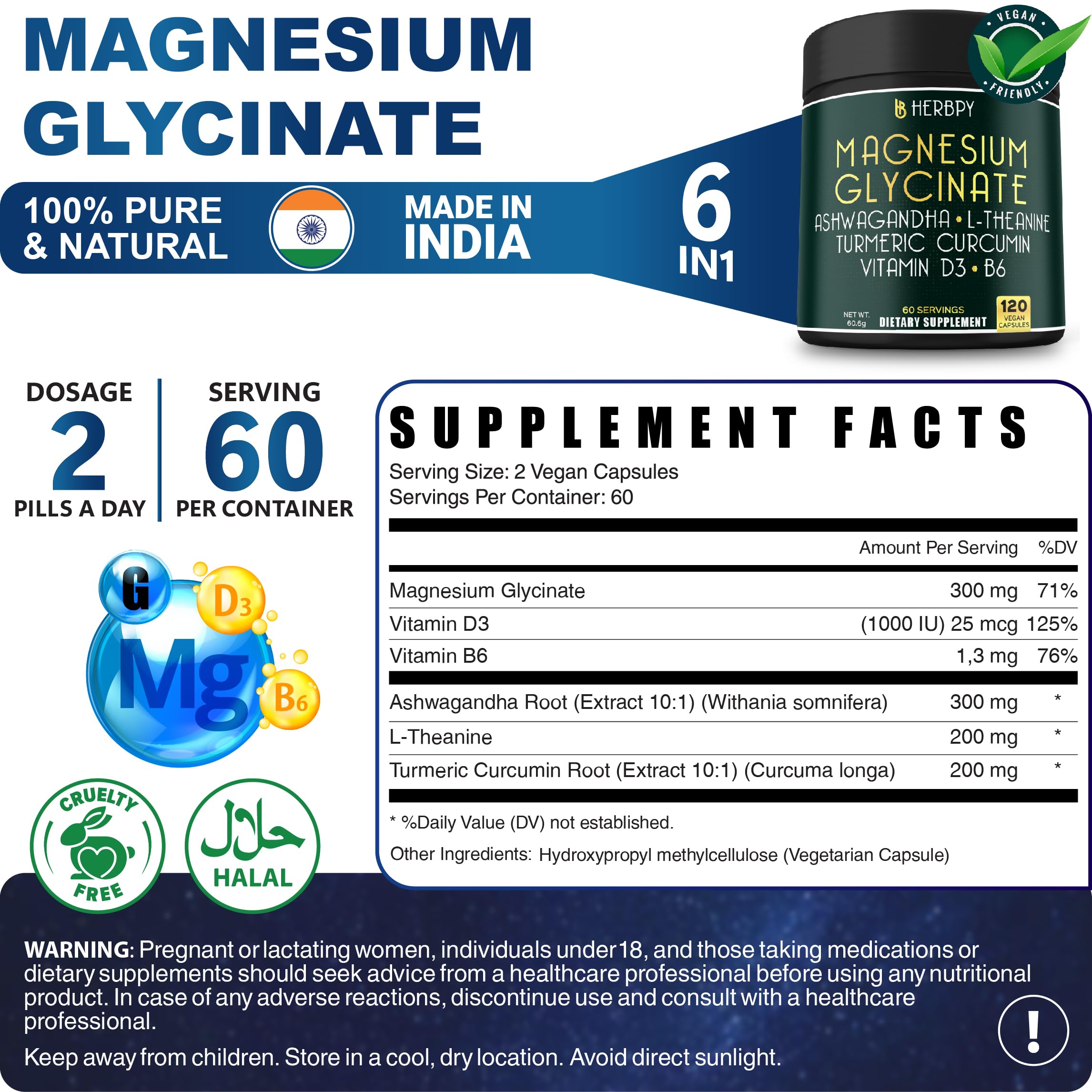 Herbpy Magnesium Glycinate capsules with turmeric and ashwagandha