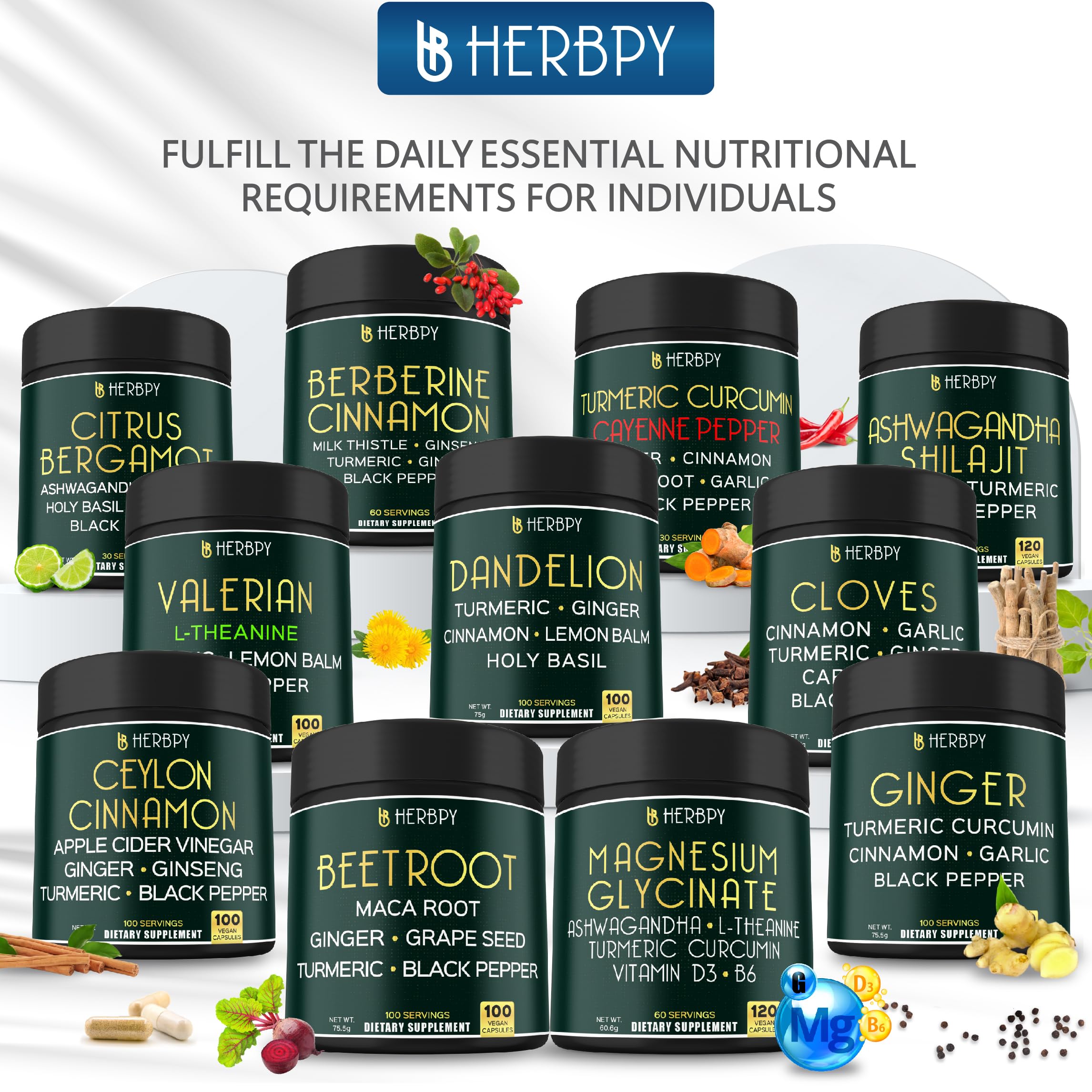 Herbpy Magnesium Glycinate product packaging with ingredients