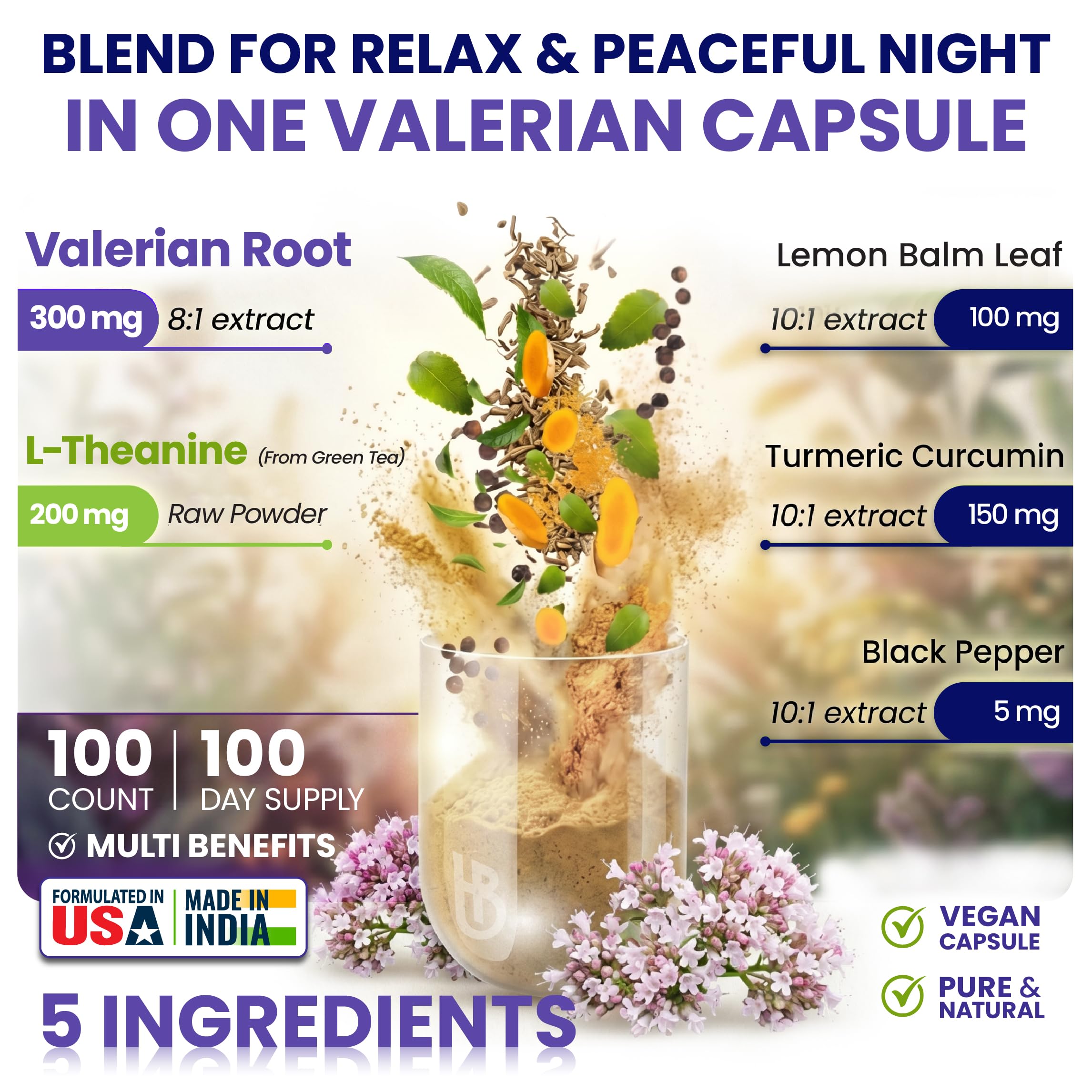 Herbpy Valerian Root Supplement 5in1 100 Capsules side view
