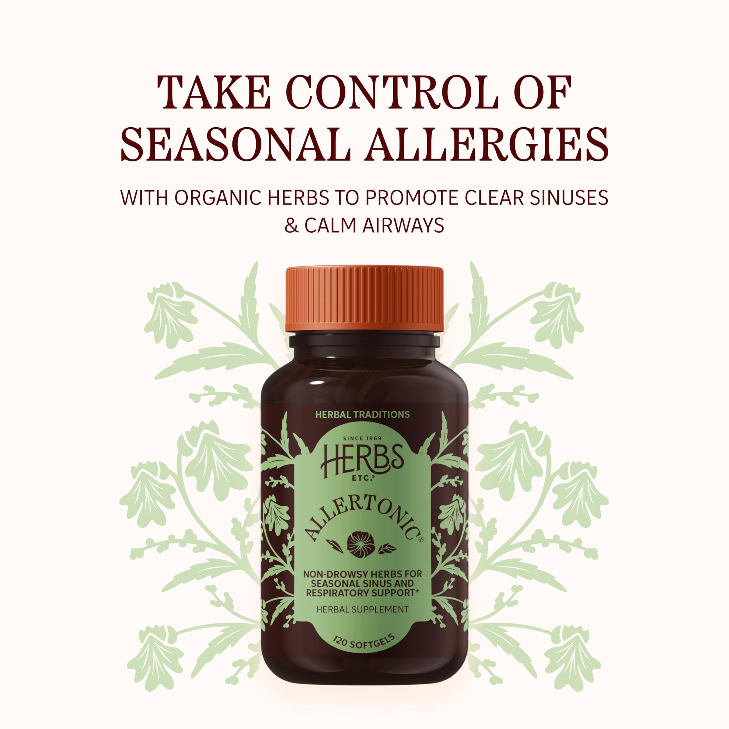 Herbs Etc. Allertonic Softgels side view, showing softgel capsules
