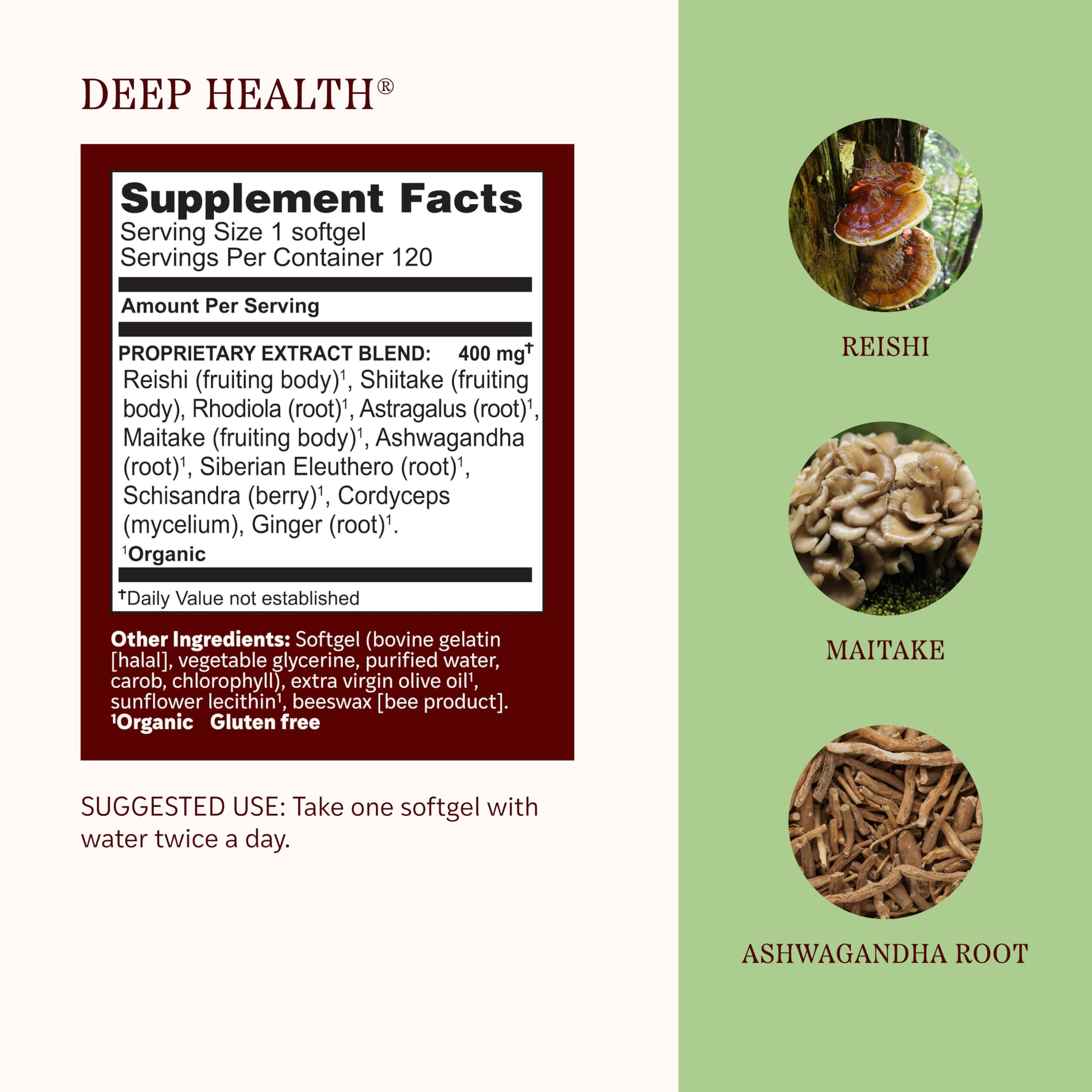 Herbs Etc. Deep Health Softgels with organic mushroom ingredients