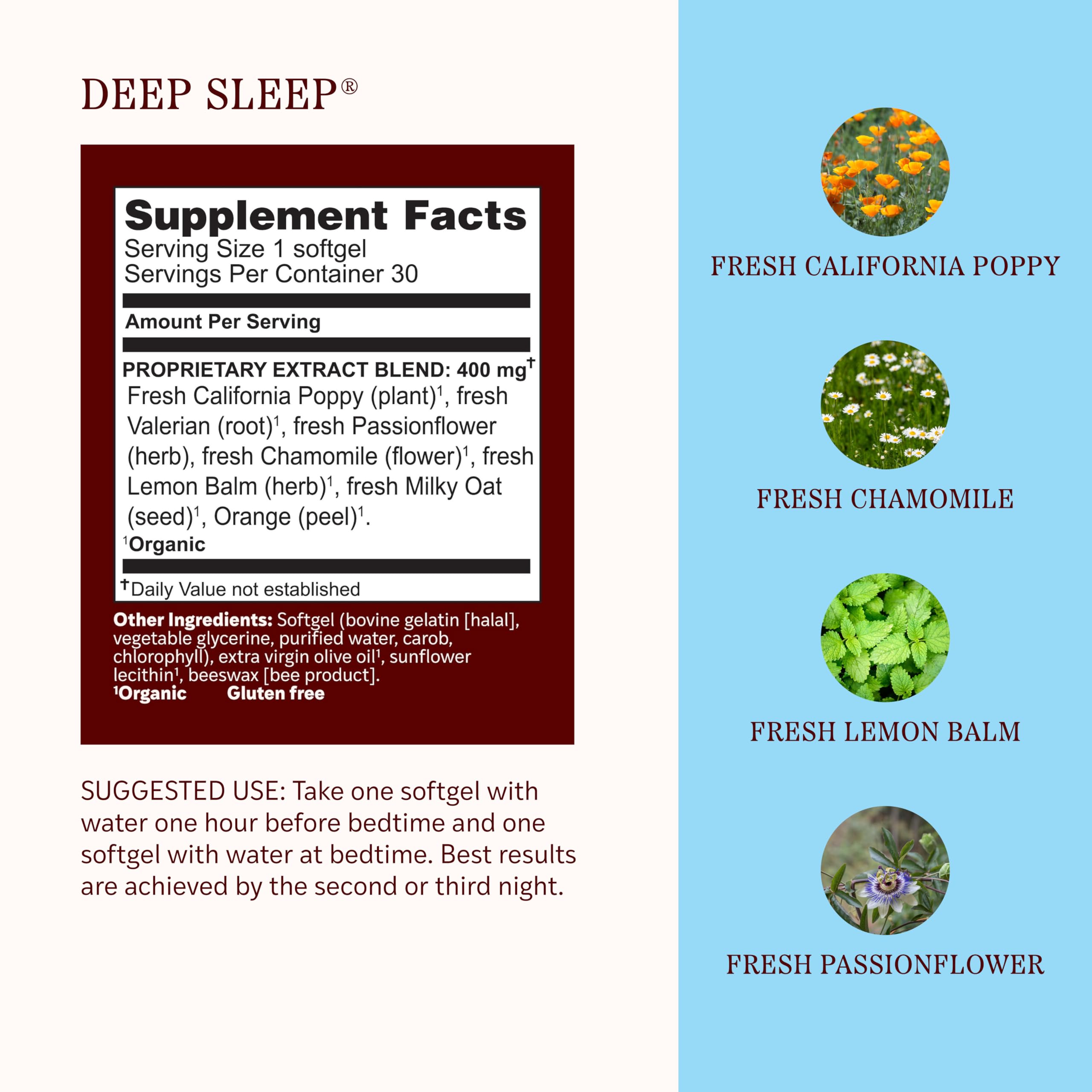 Herbs Etc. Deep Sleep Softgels back view with ingredient list