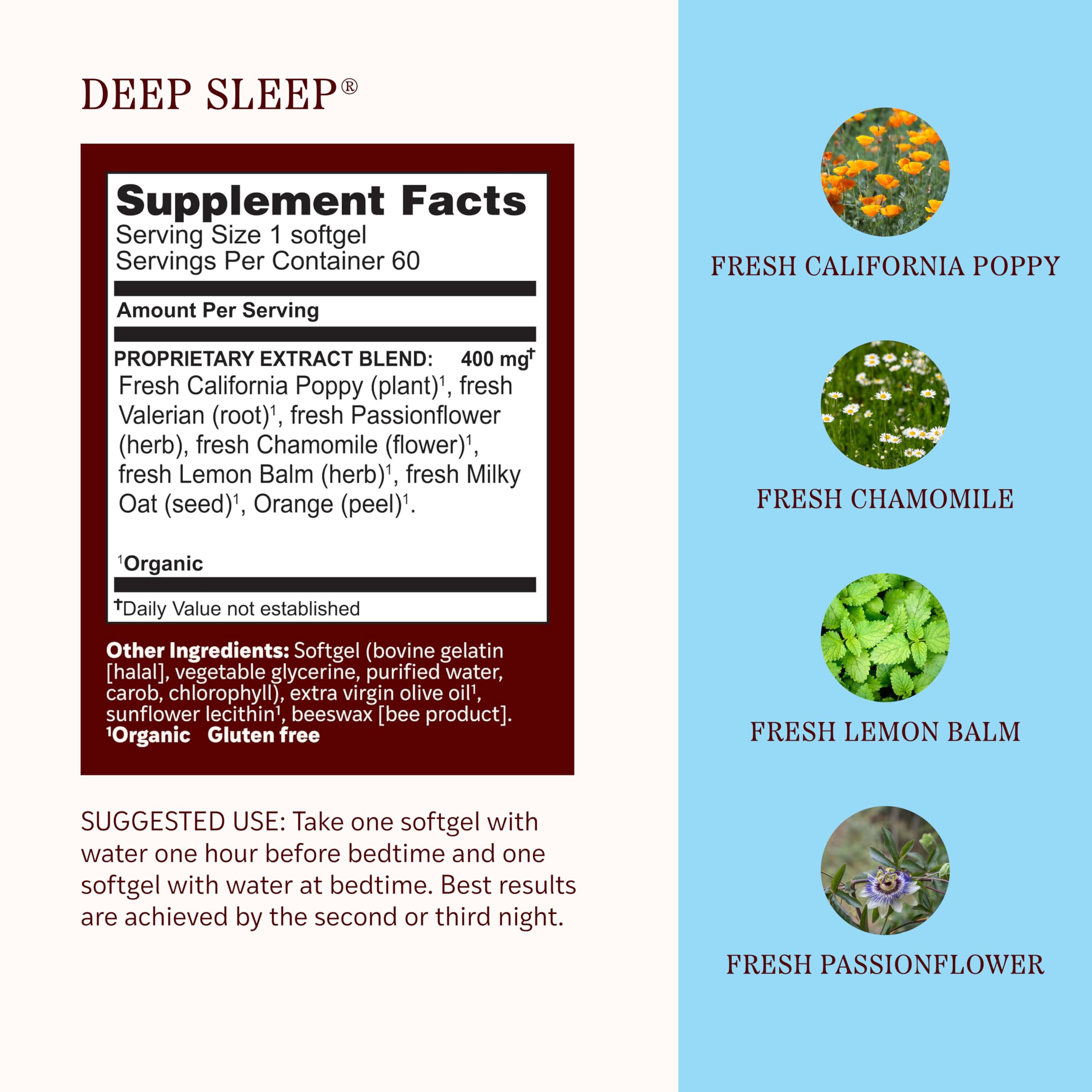 Herbs Etc. Deep Sleep Softgels displayed with organic herbs