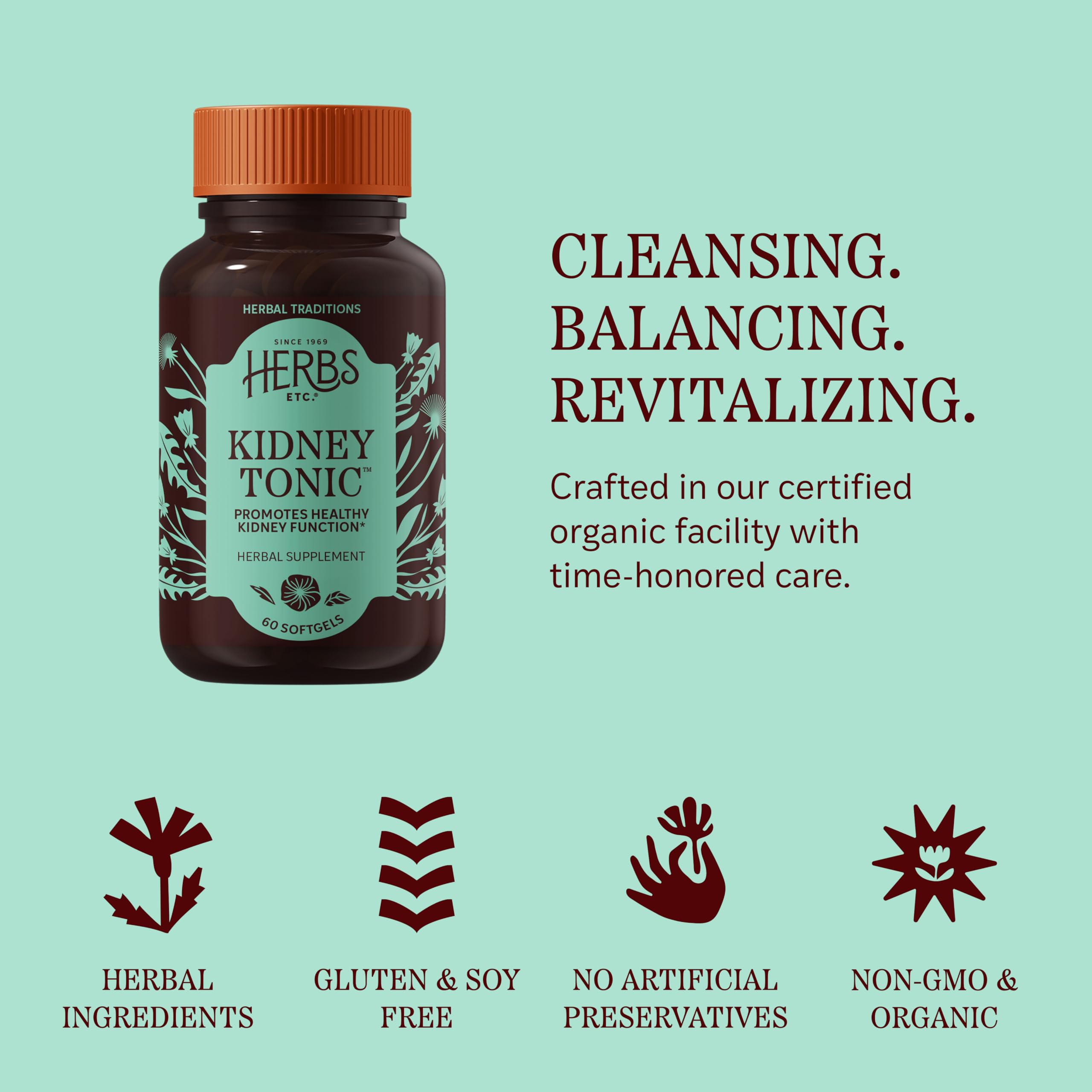Herbs Etc. Kidney Tonic Softgels on a wooden table lifestyle shot