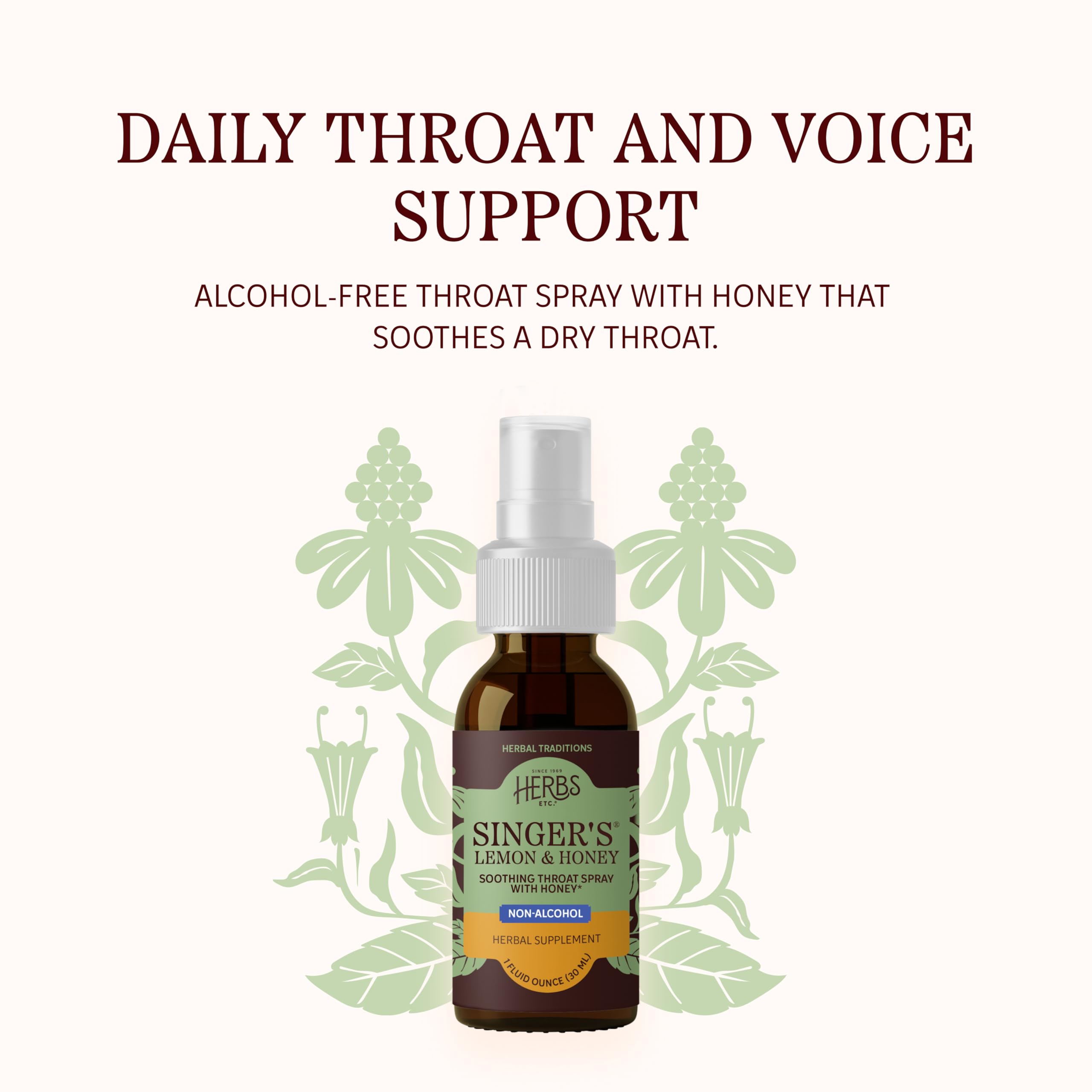 Herbs Etc. throat spray bottle with lemon and honey ingredients