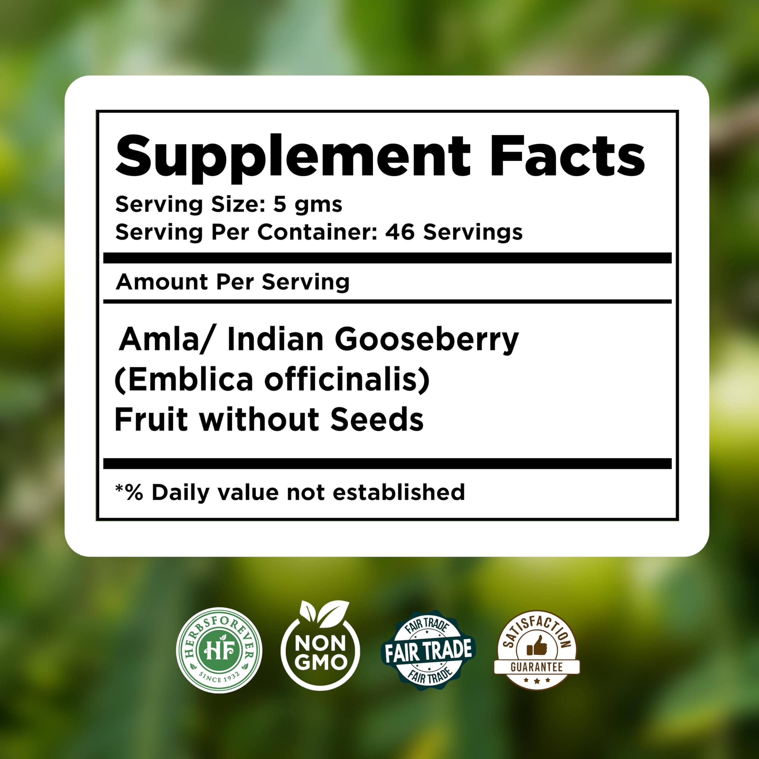 Herbsforever Amla Powder 230g side view showing packaging details