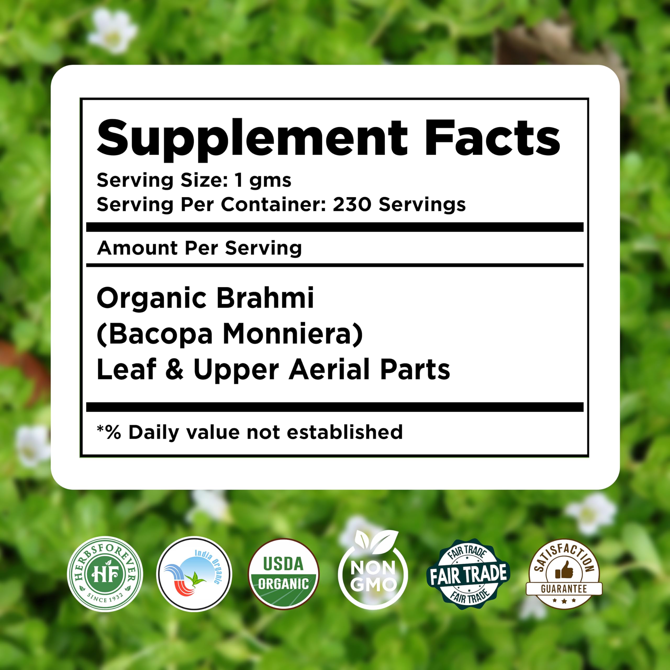 Herbsforever Bacopa Monnieri 259g back view with ingredients