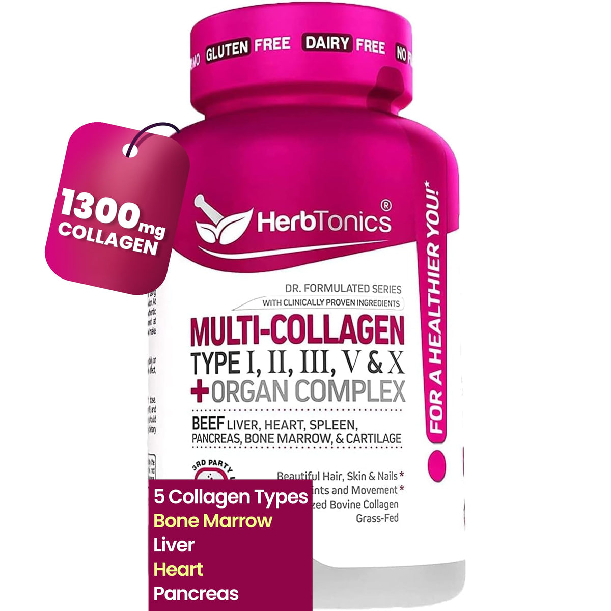 Herbtonics Collagen & Organ Blend 1300mg Capsules front view