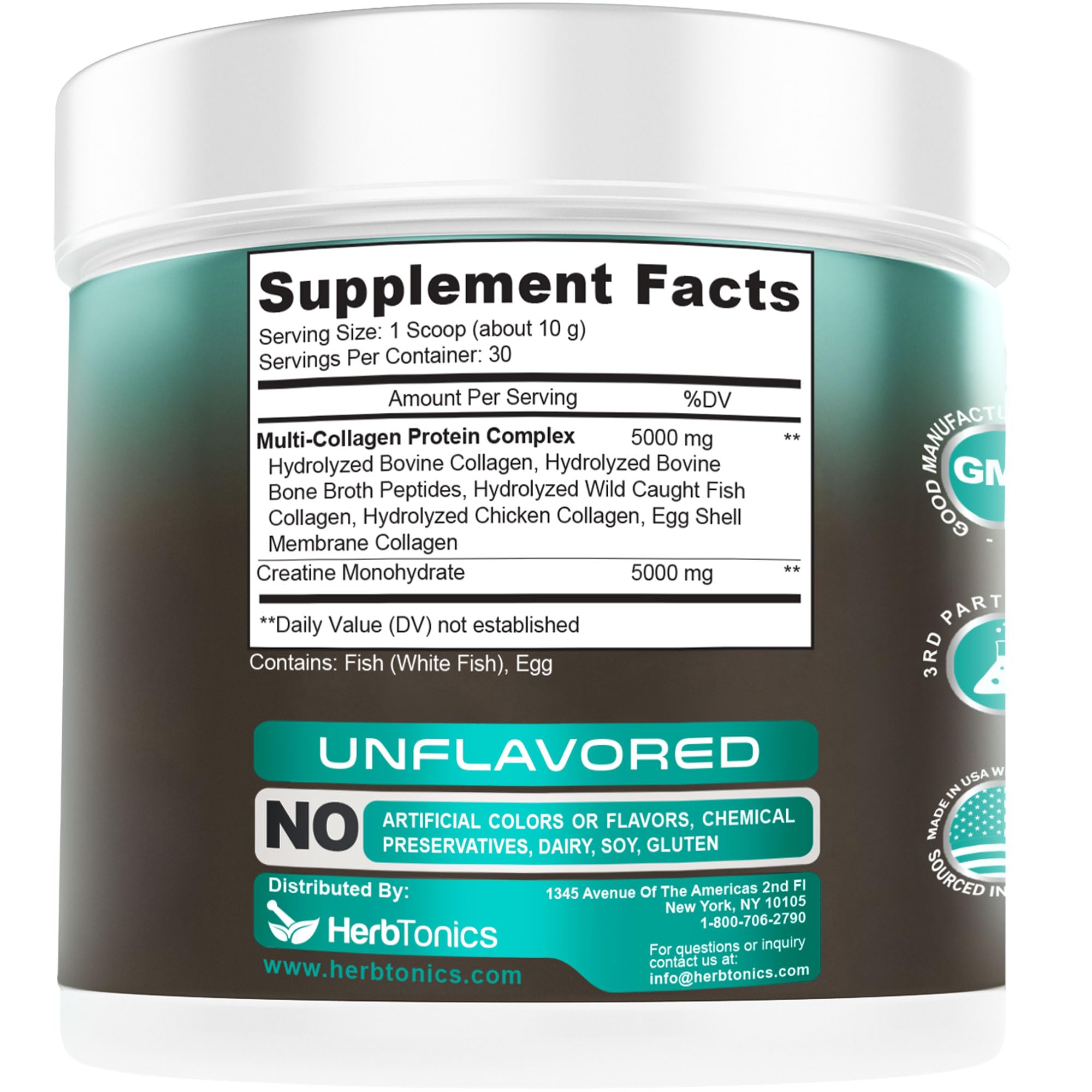 Herbtonics Creatine Monohydrate 5000mg unflavoured powder in glass