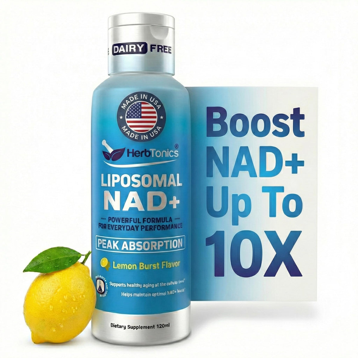 Herbtonics NAD+ Supplement Liquid 132g front view with lemon burst flavour