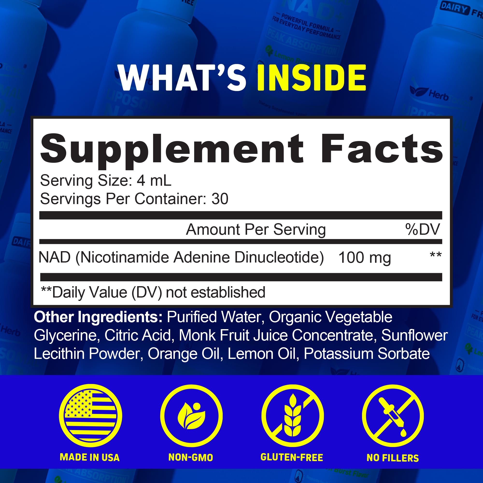 Herbtonics NAD+ Supplement Liquid 132g packaging with nutritional information