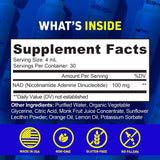 Herbtonics NAD+ Supplement Liquid 132g packaging with nutritional information