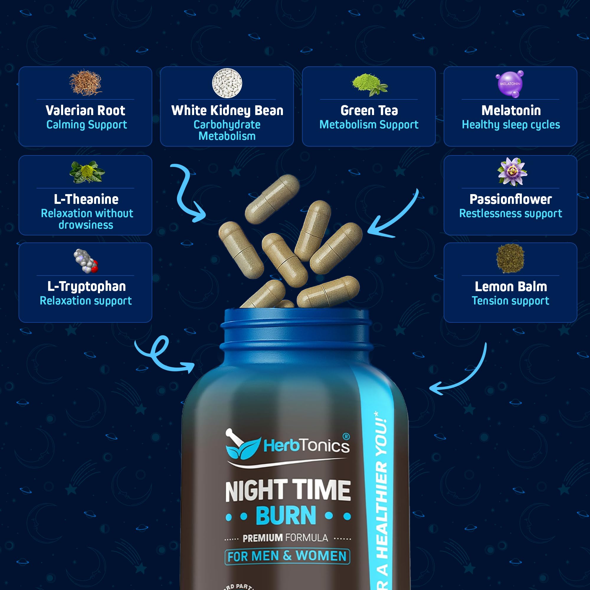 Herbtonics Sleep & a balanced routine Support Capsules bottle with label