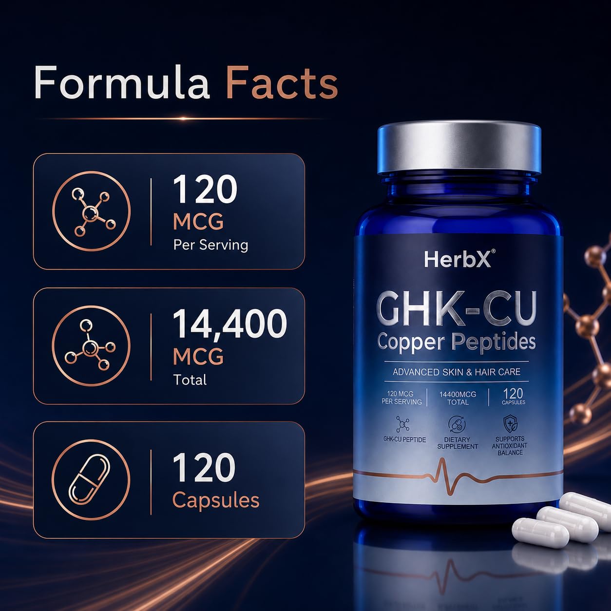 HerbX GHK-Cu Peptide Supplement packaging on a wooden table
