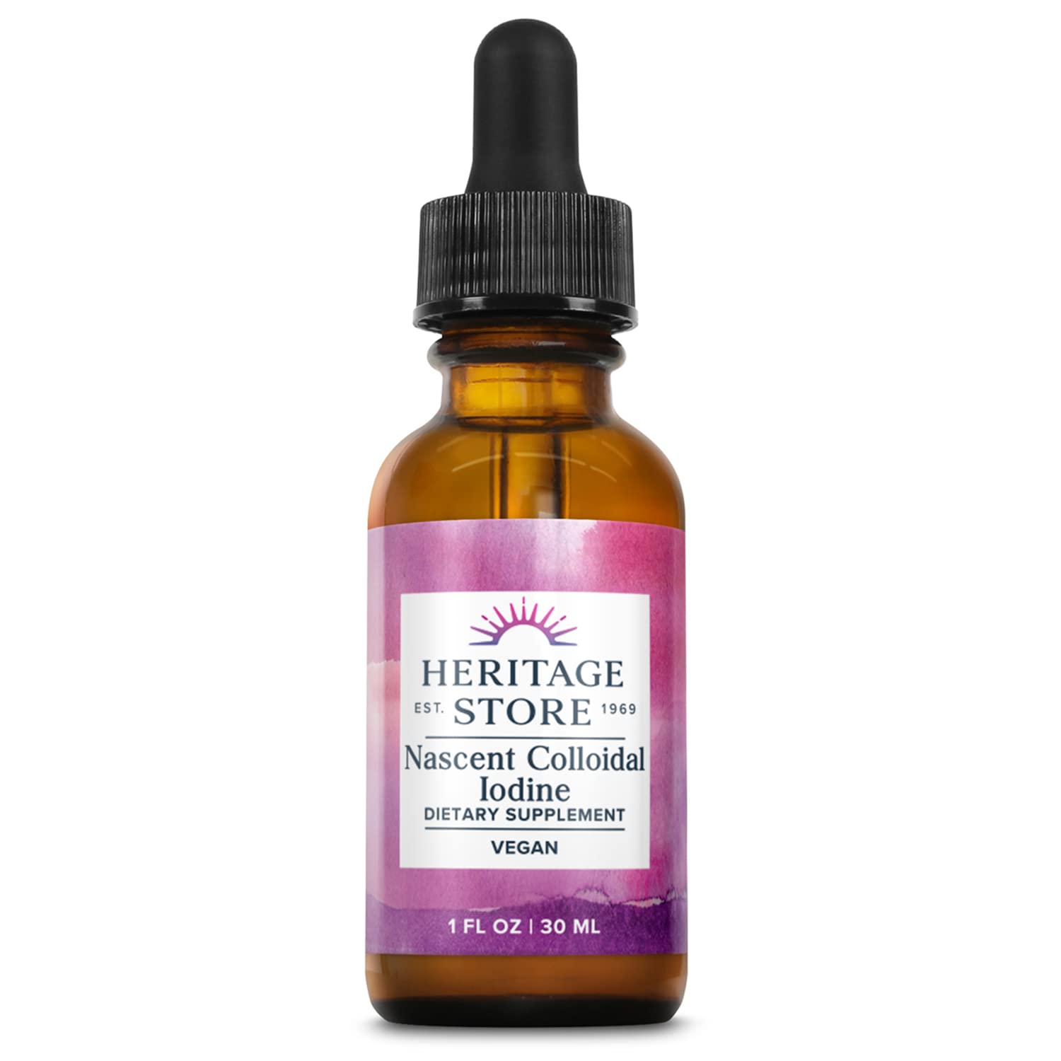 HERITAGE STORE Nascent Iodine Drops front view with amber glass bottle