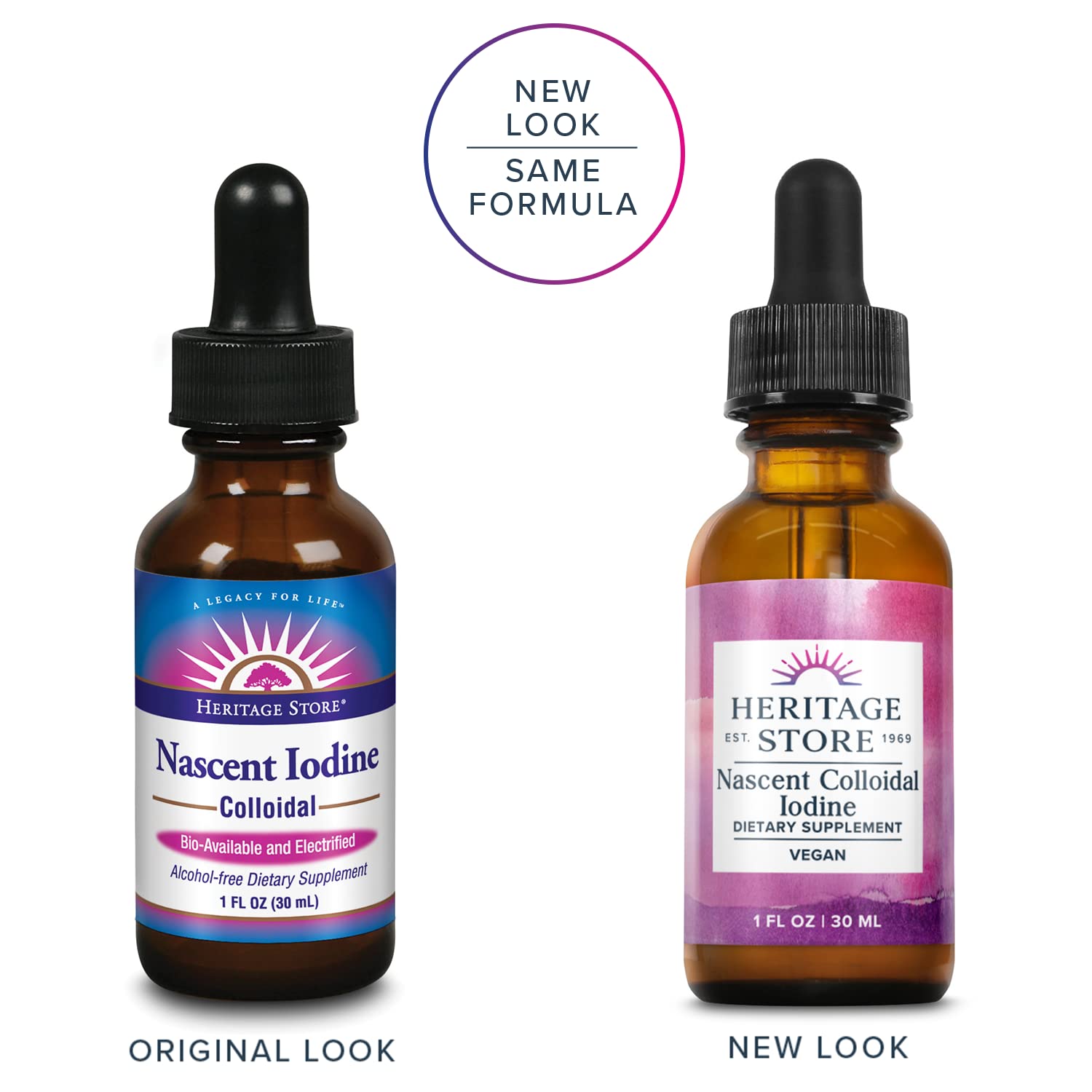 HERITAGE STORE Nascent Iodine Drops label showing ingredients and dosage