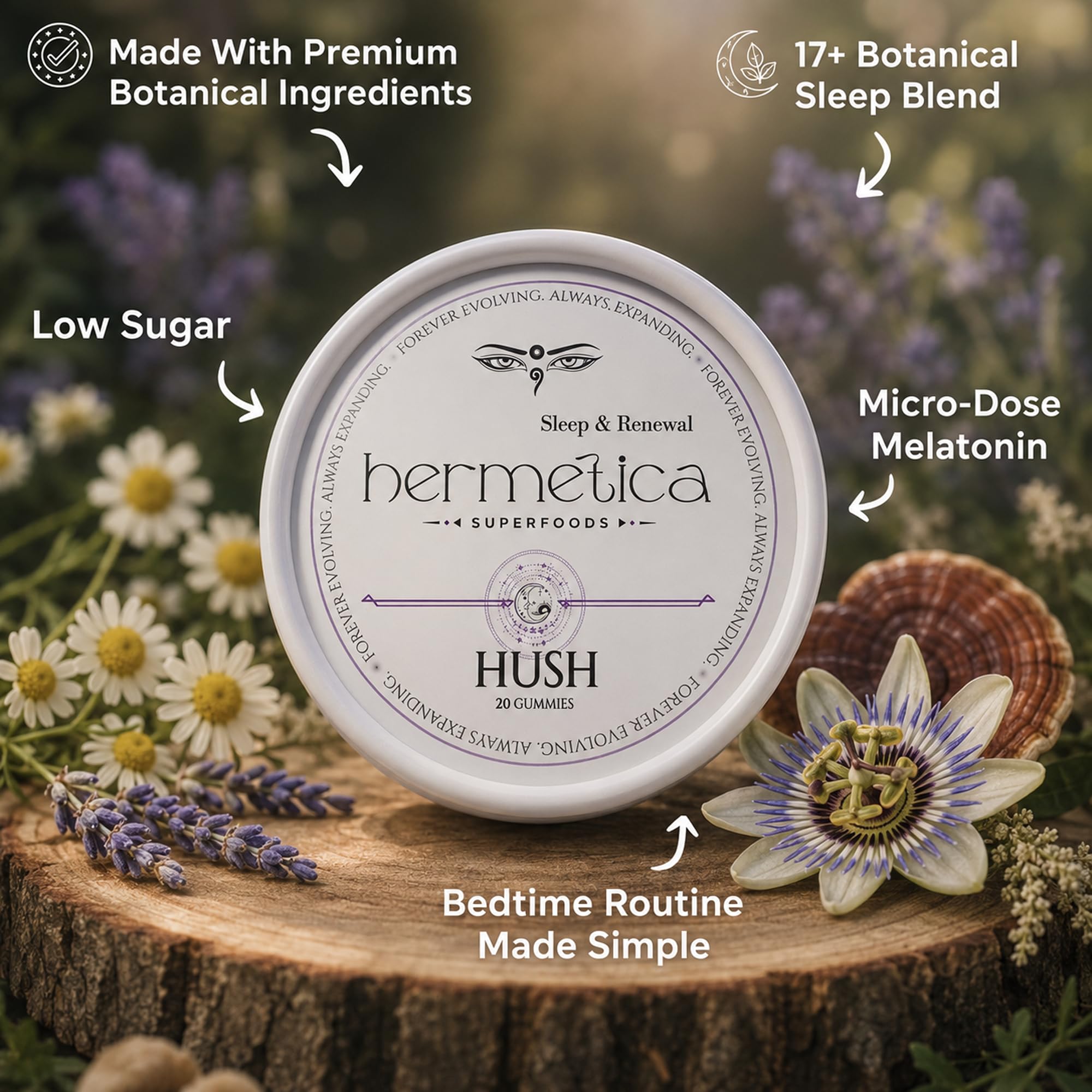 Hermetica Superfoods Hush Sleeping Gummies inside tin with gummies
