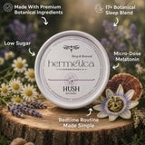 Hermetica Superfoods Hush Sleeping Gummies inside tin with gummies