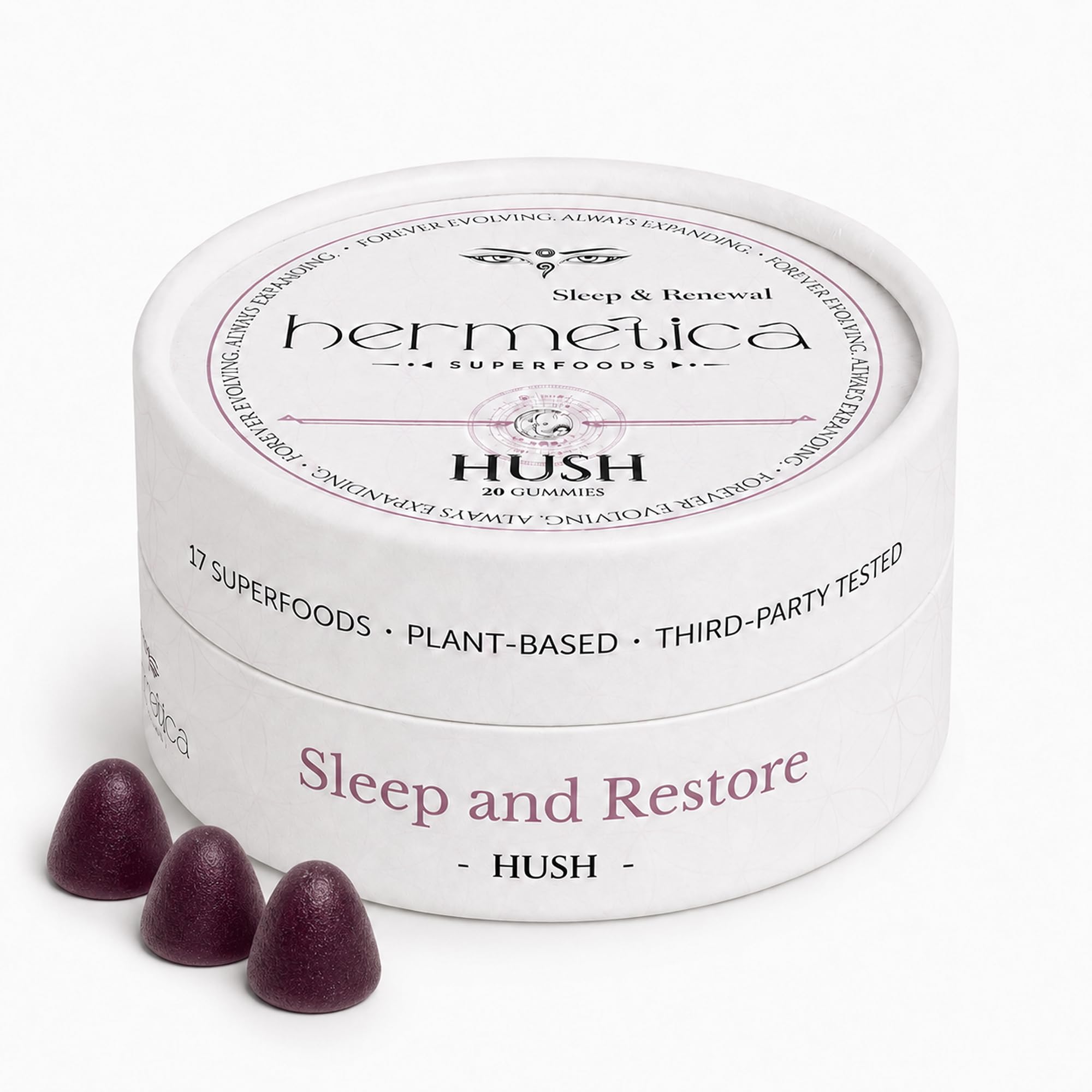 Hermetica Superfoods Hush Sleeping Gummies tin front view
