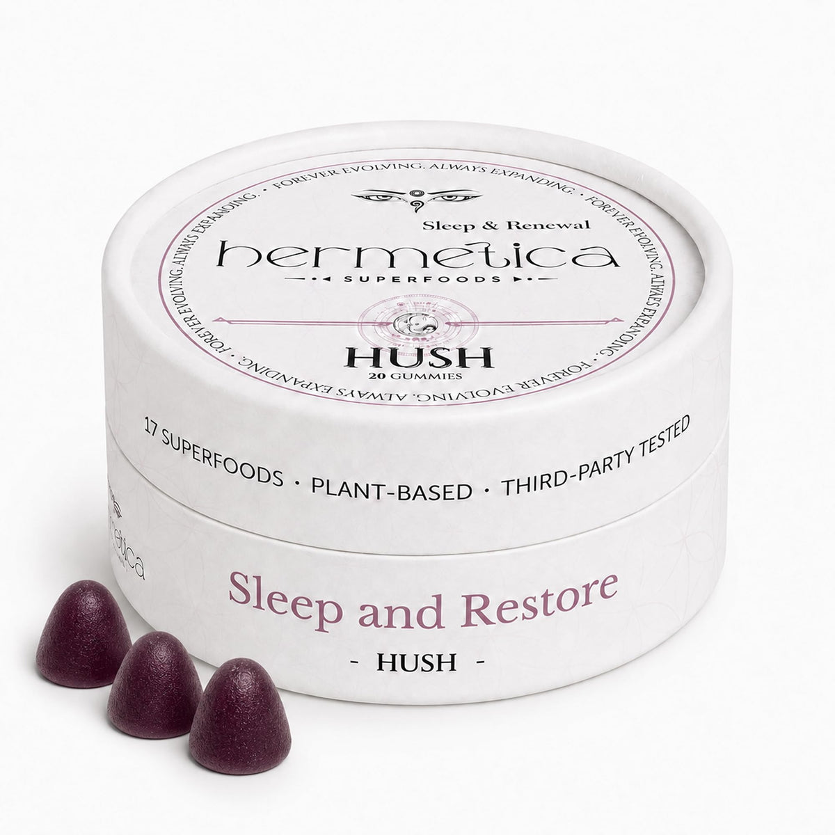Hermetica Superfoods Hush Sleeping Gummies tin front view