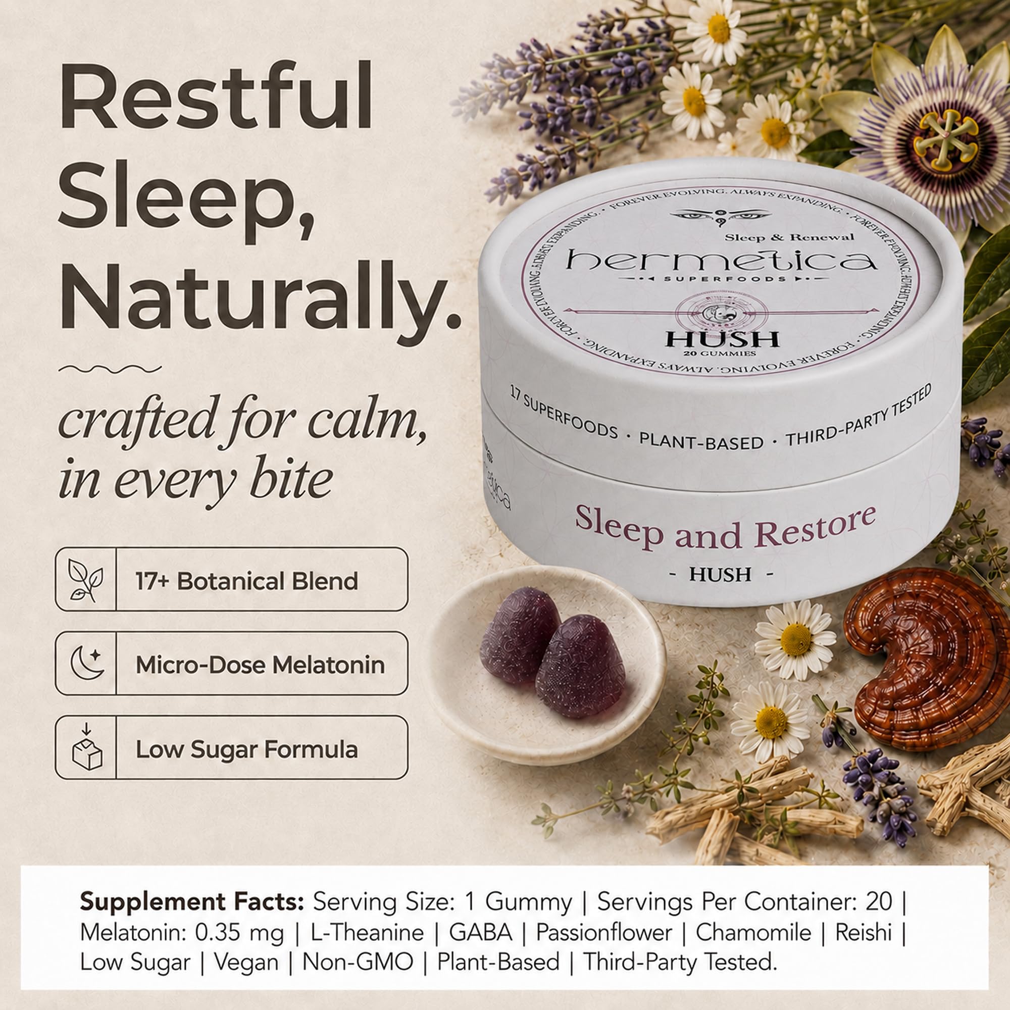 Hermetica Superfoods Hush Sleeping Gummies with serving suggestion on label
