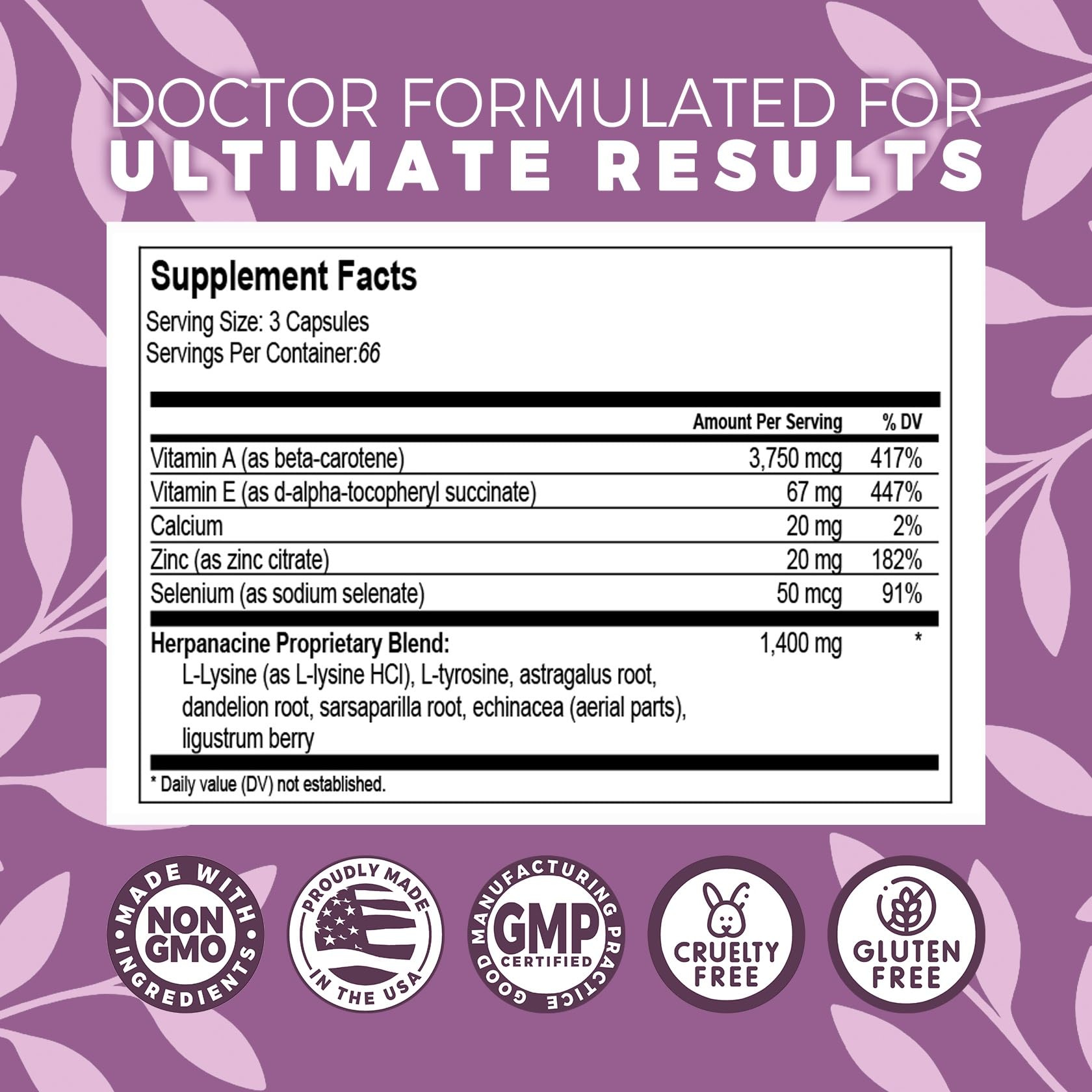 Herpanacine Blended Vitamin & Mineral Supplement side view showing ingredients list