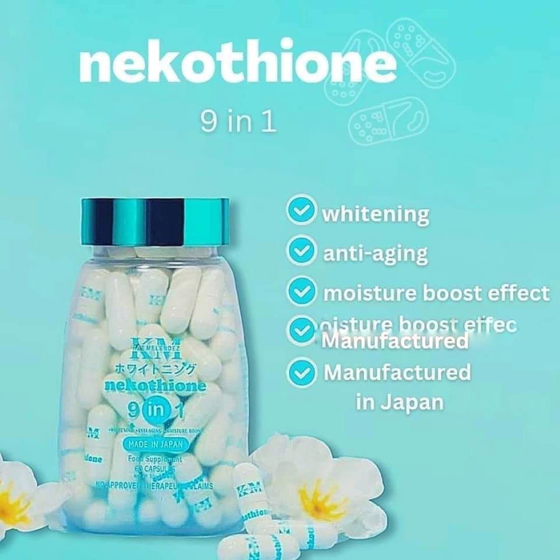 HerSkin Nekothione 9 IN 1 supplement bottle side view showing ingredients list