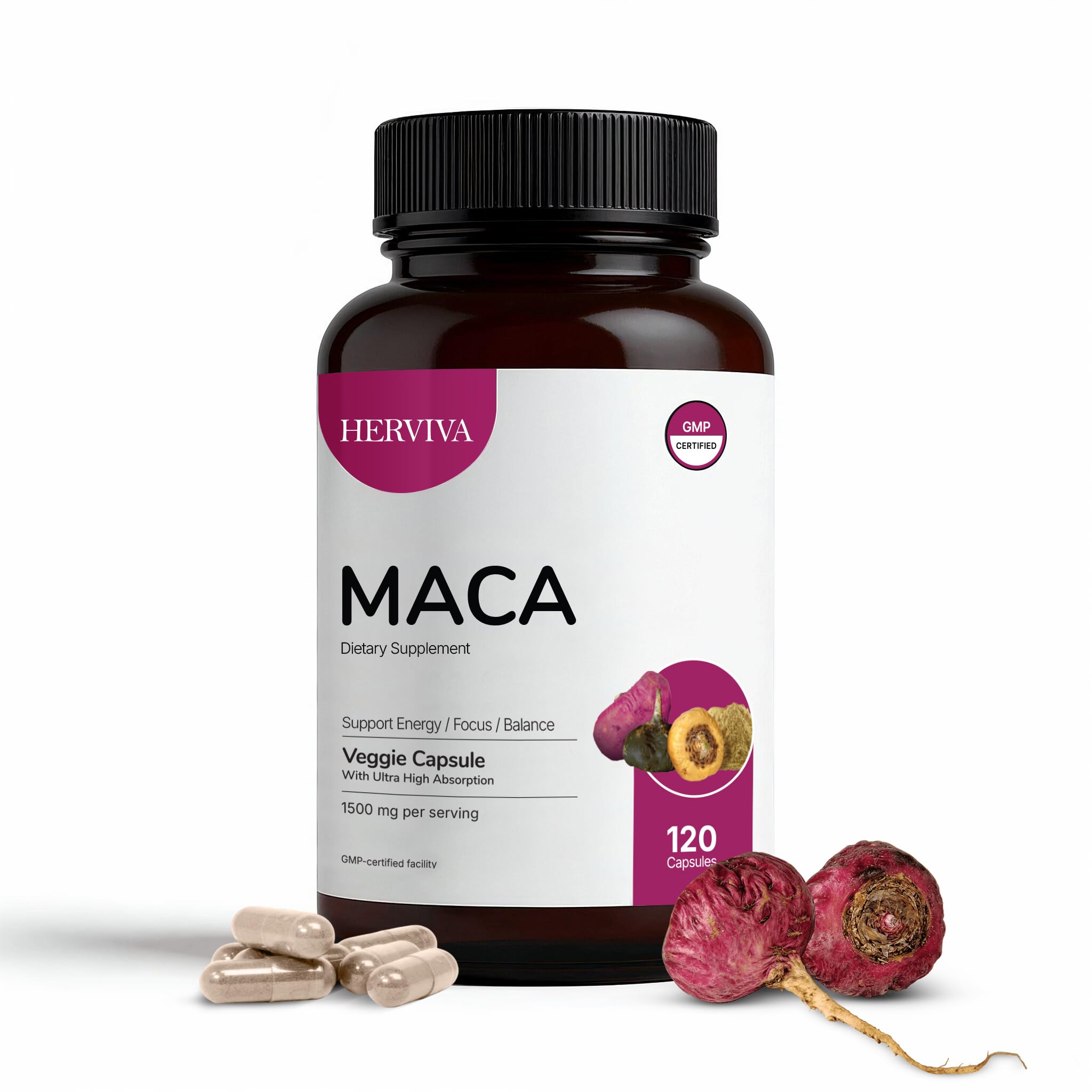 HERVIVA Maca Root Capsules 1500mg front view