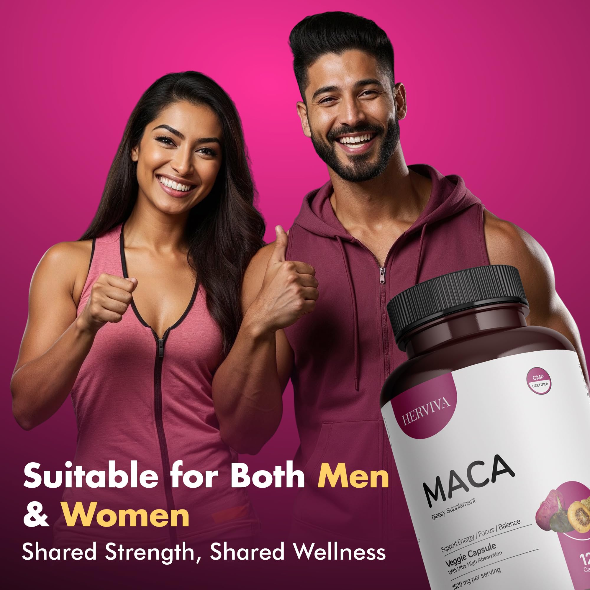 HERVIVA Maca Root Capsules displayed with natural background