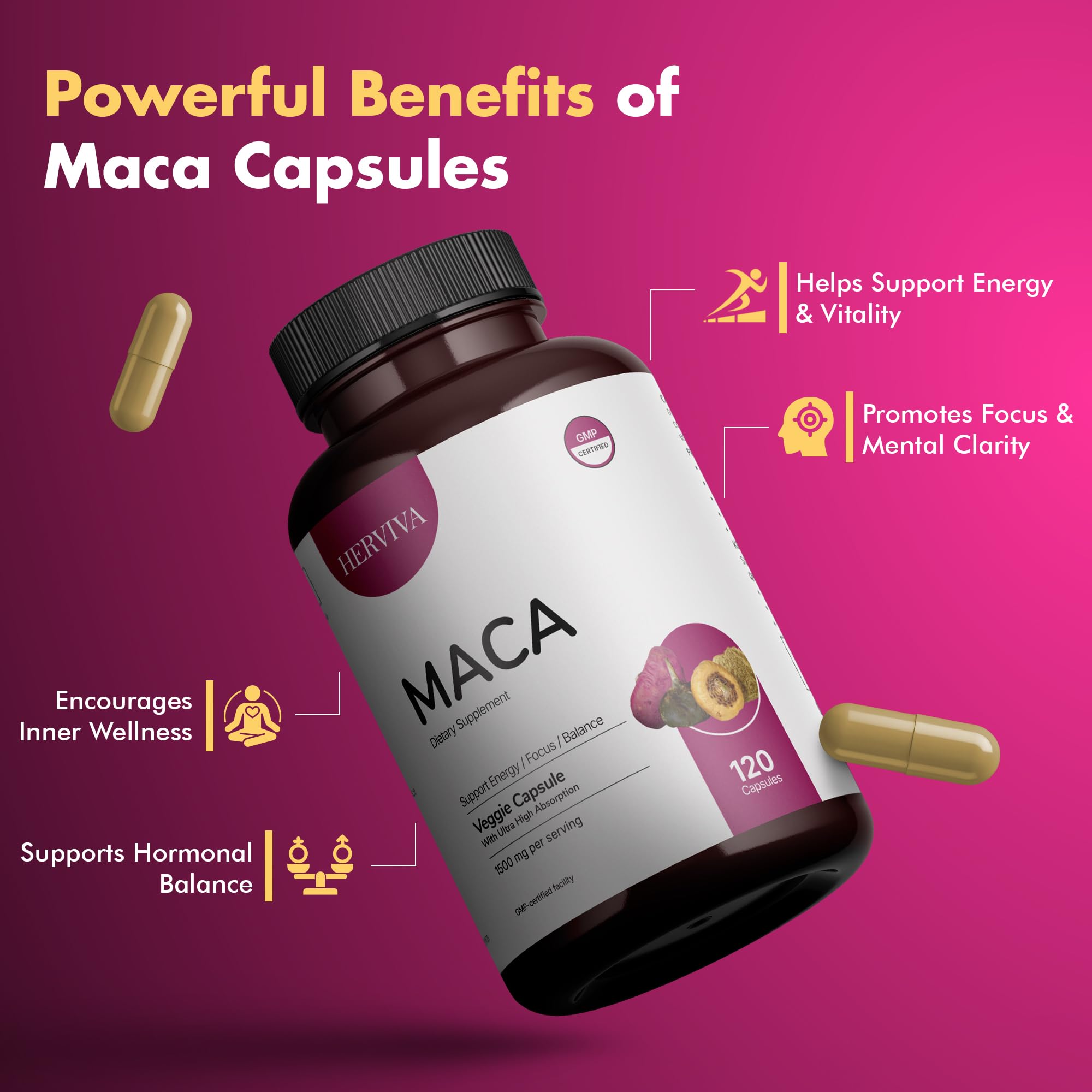 HERVIVA Maca Root Capsules showing vegan capsule detail
