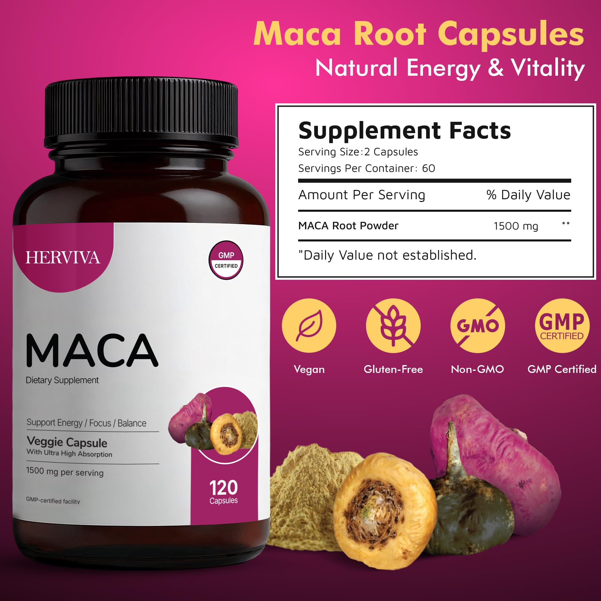 HERVIVA Maca Root Capsules with a measuring spoon