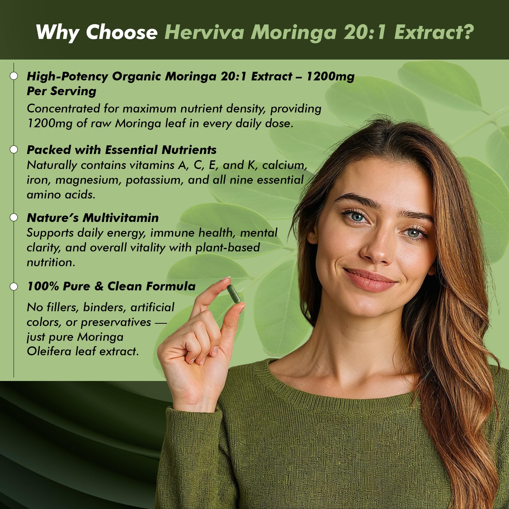 HERVIVA Moringa Capsules 1200mg capsules on a wooden table