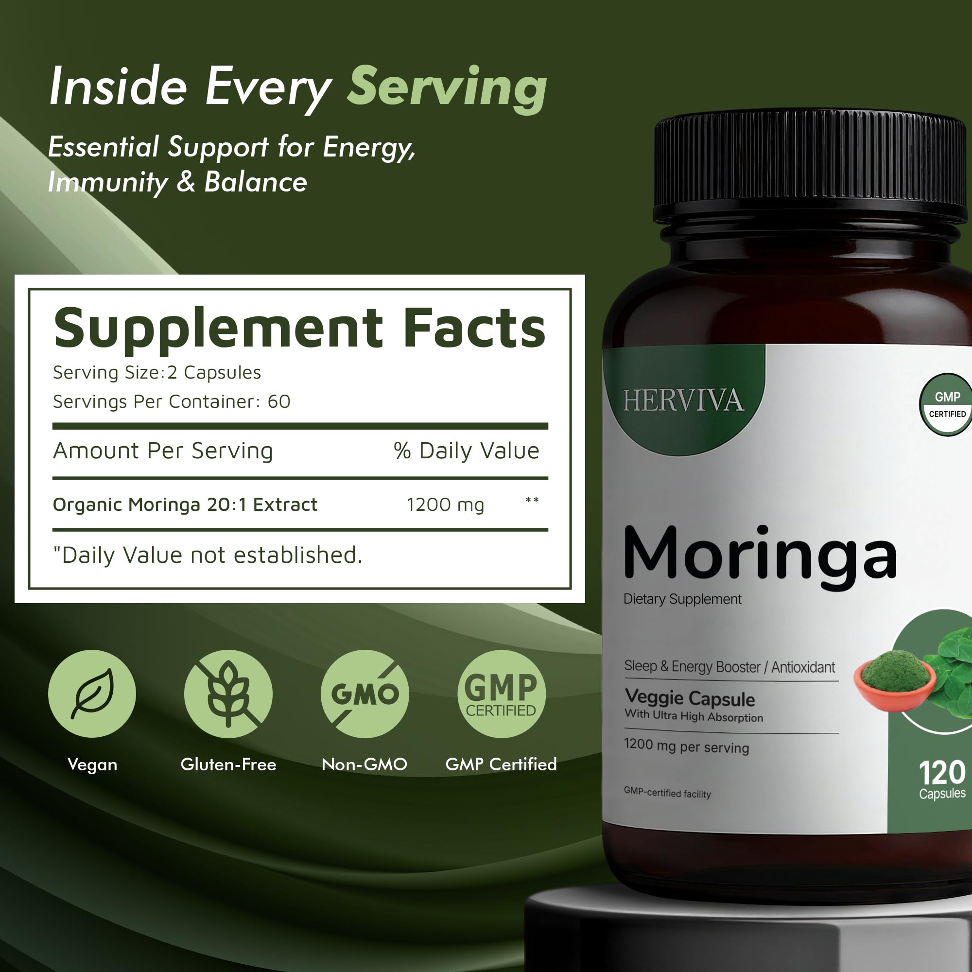 HERVIVA Moringa Capsules 1200mg side view with label