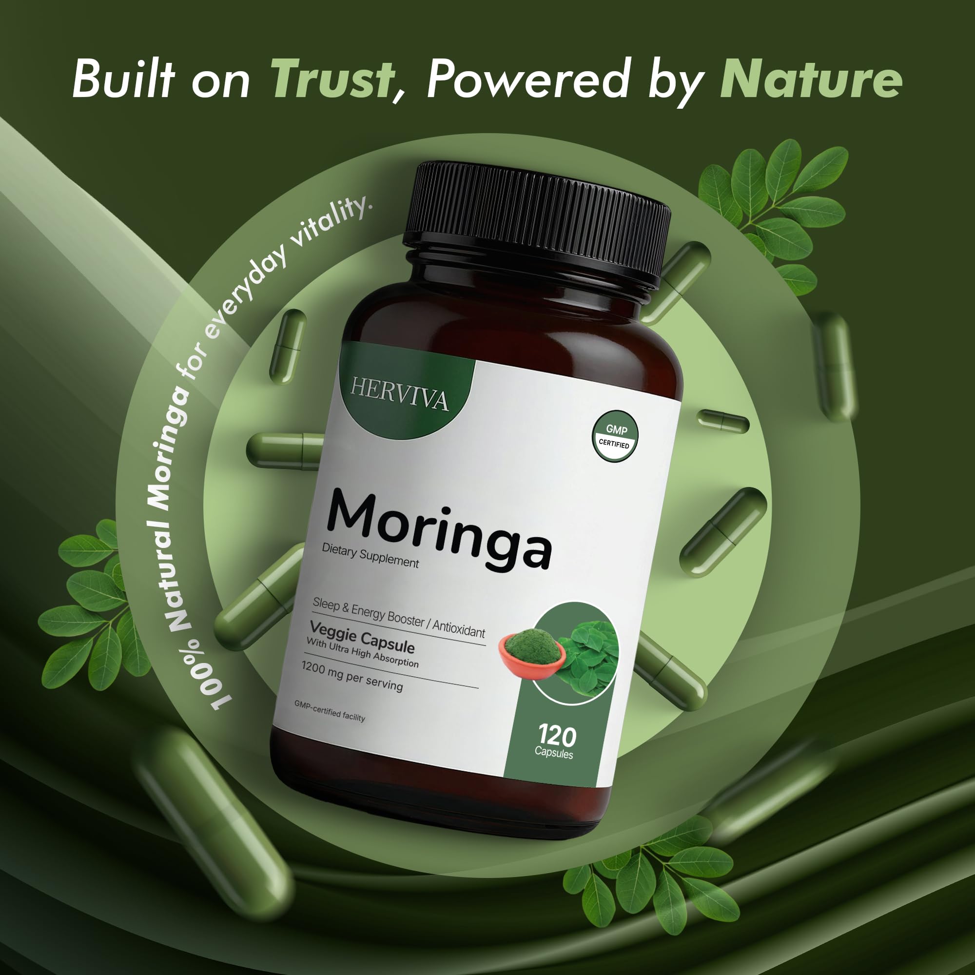 HERVIVA Moringa Capsules 1200mg with a measuring spoon