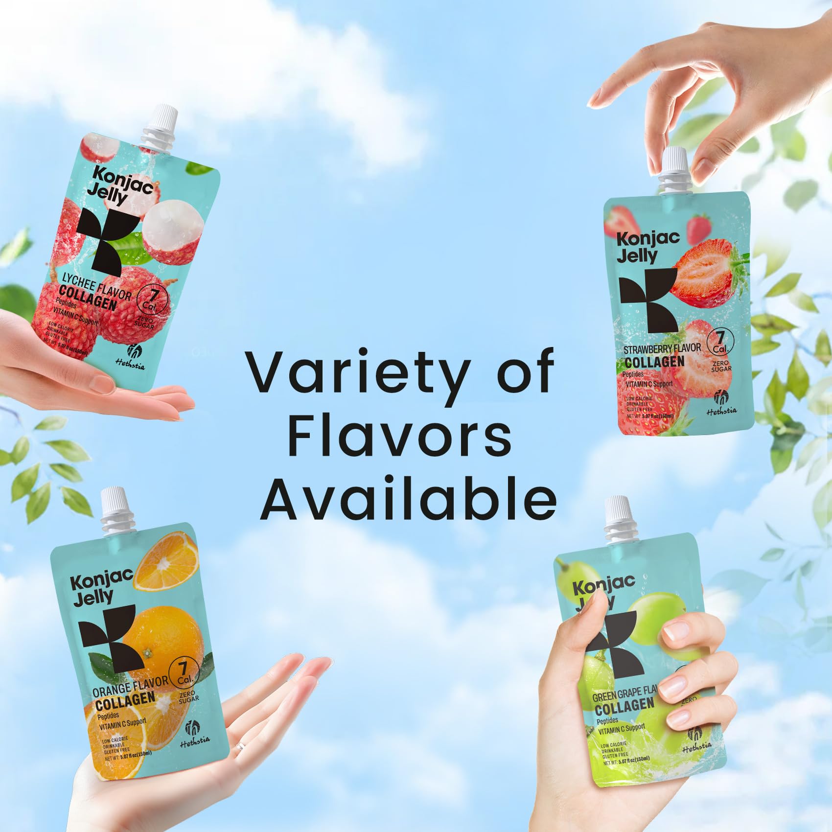Hethstia Konjac Jelly assorted flavours displayed on a kitchen counter