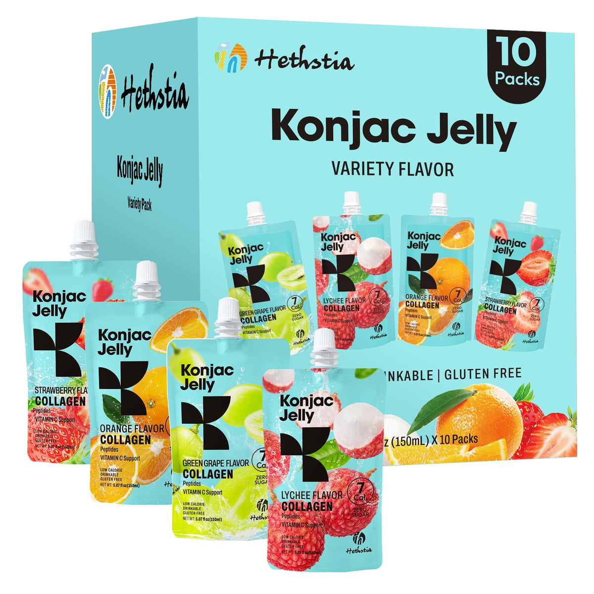 Hethstia Konjac Jelly pouches in assorted fruit flavours
