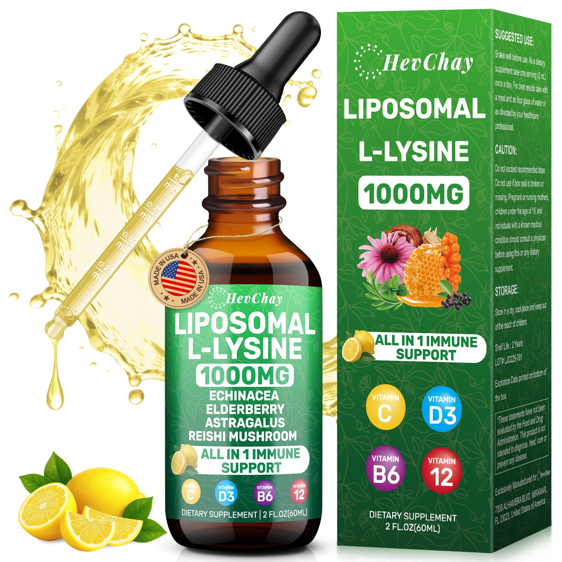 HevChay L-Lysine 1000mg liquid supplement front view